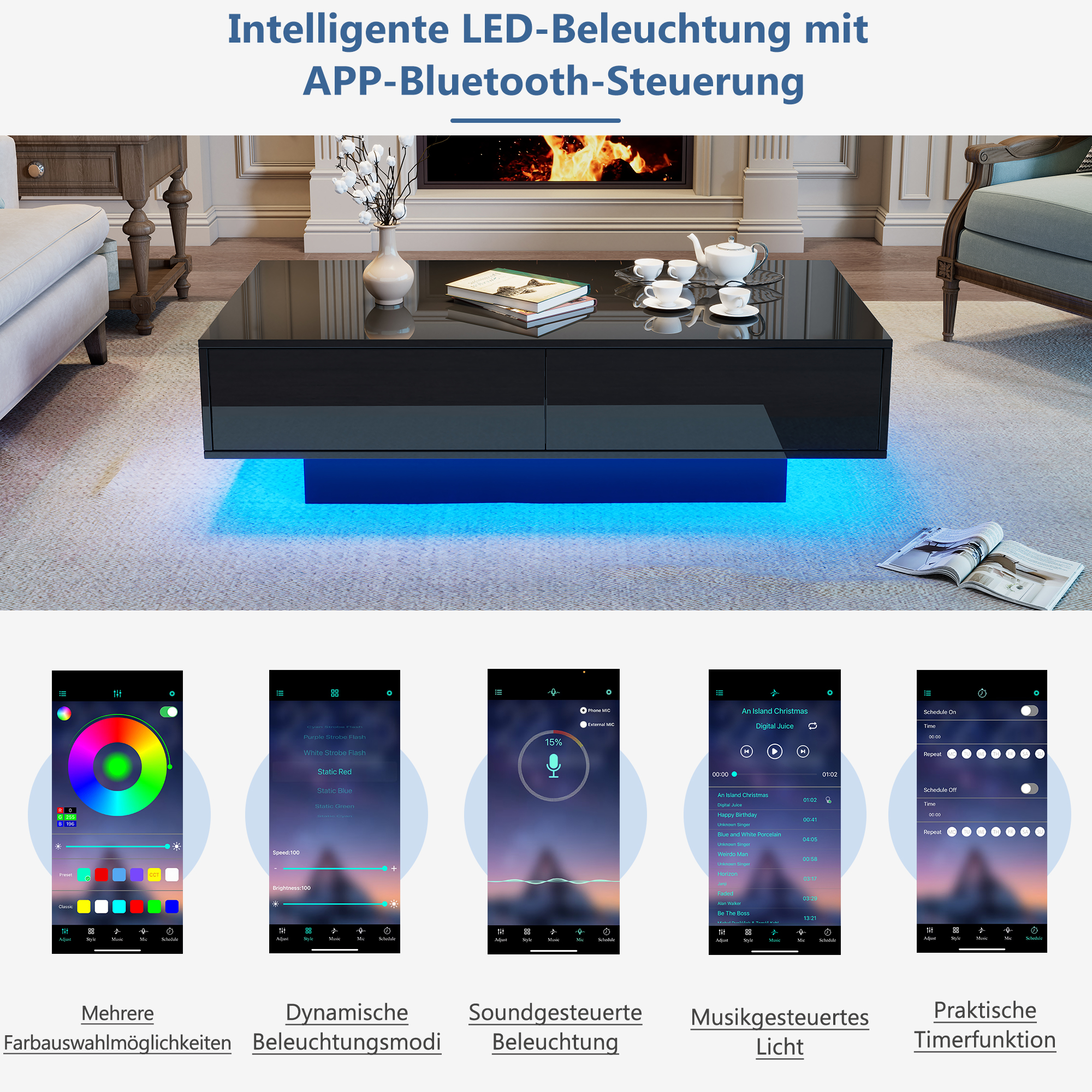 Wohnzimmer mit Kamin und beleuchtetem Couchtisch. App-Steuerung.