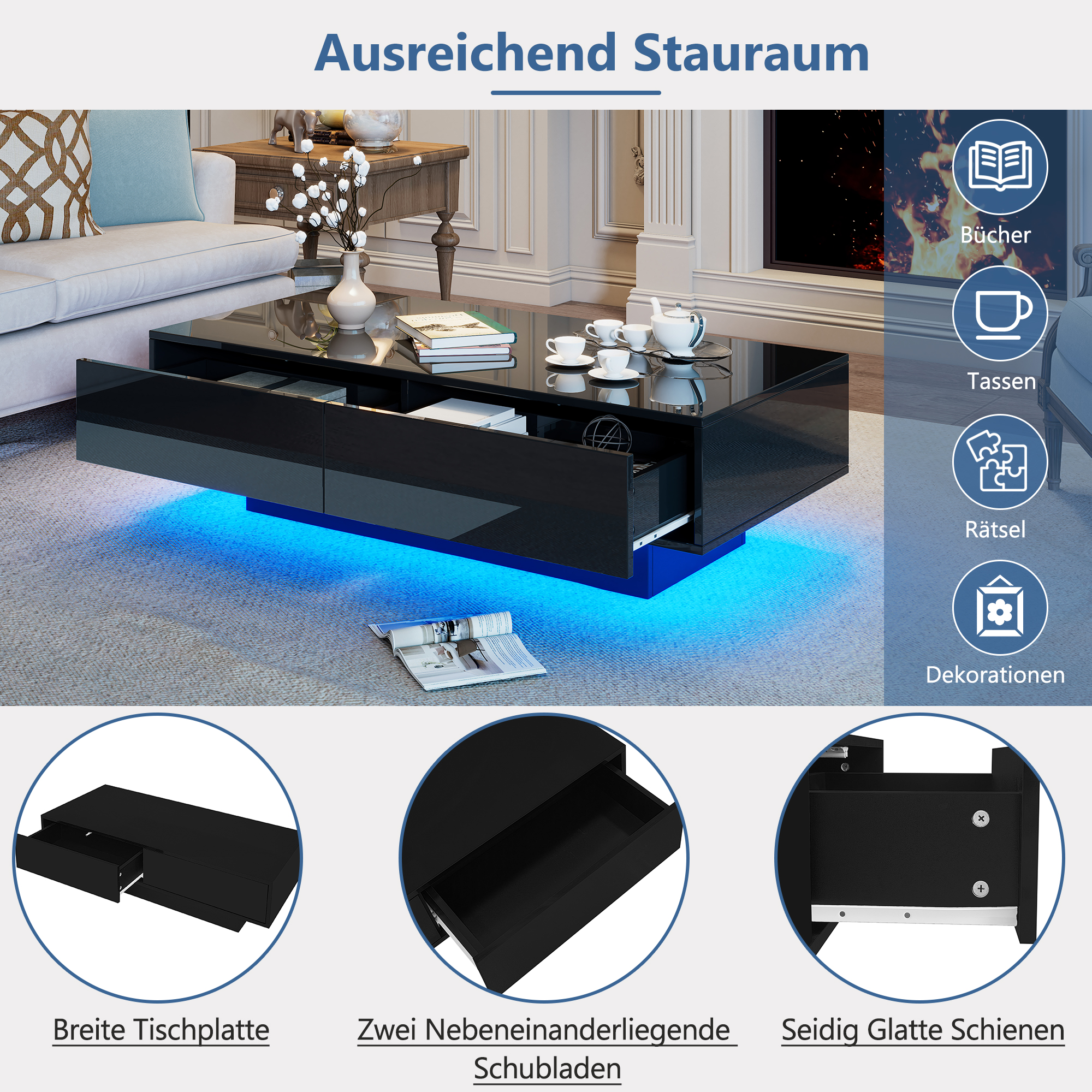 Schwarzer Couchtisch mit blauer LED-Beleuchtung, Schubladen und Büchern.