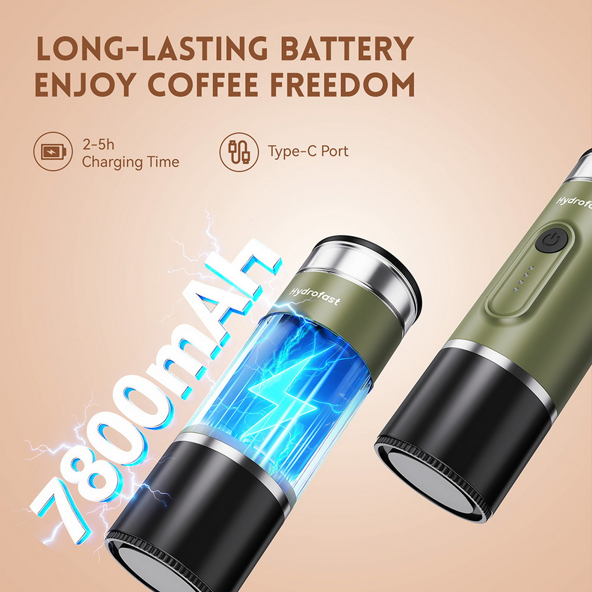 Dos dispositivos verdes Hydrofast con pantalla de batería de 7800mAh e info de carga.
