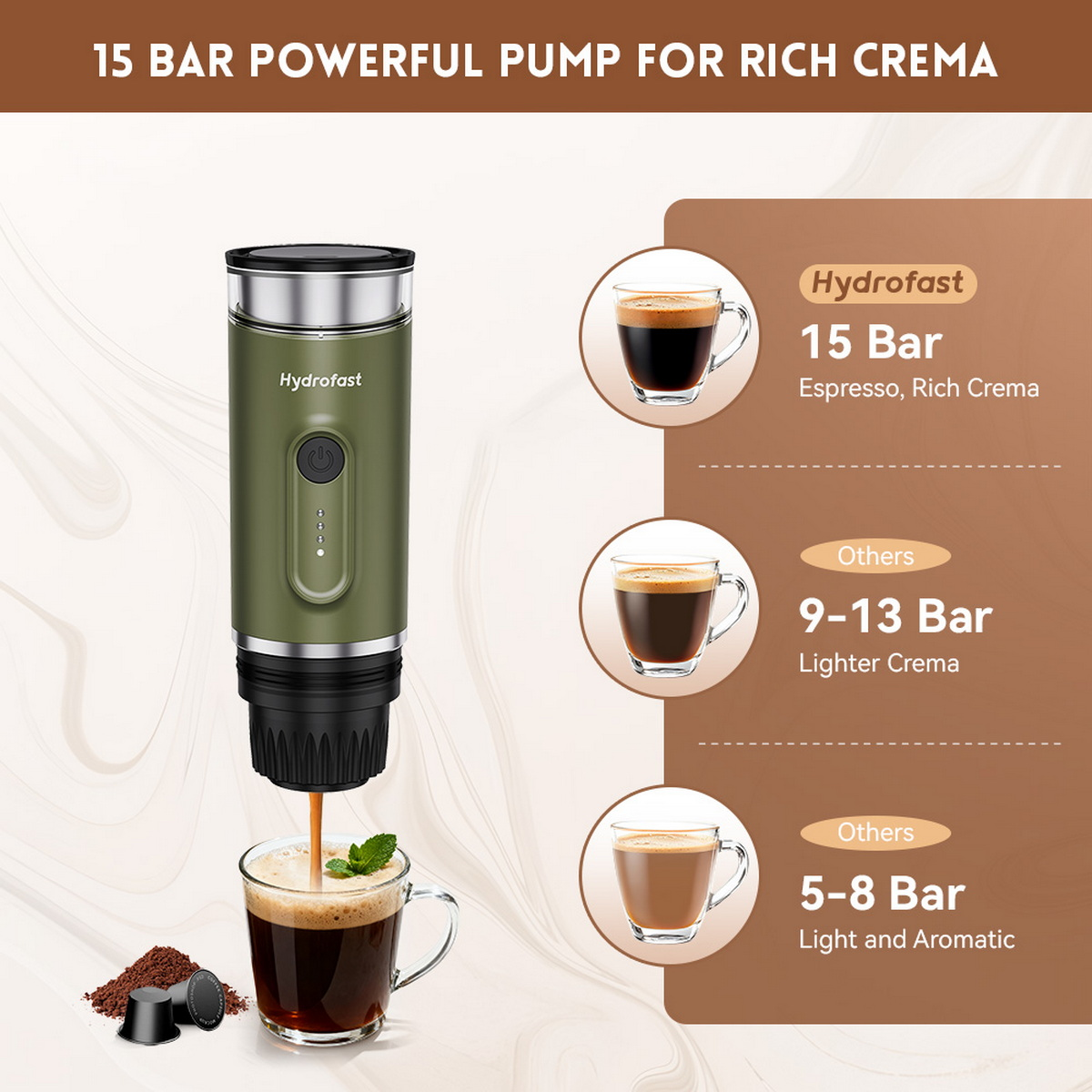 Cafetera verde bombea espresso a una taza con menta y posos de café.