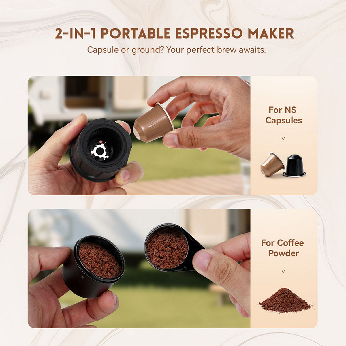 Se muestra una cafetera espresso para cápsulas o molido.