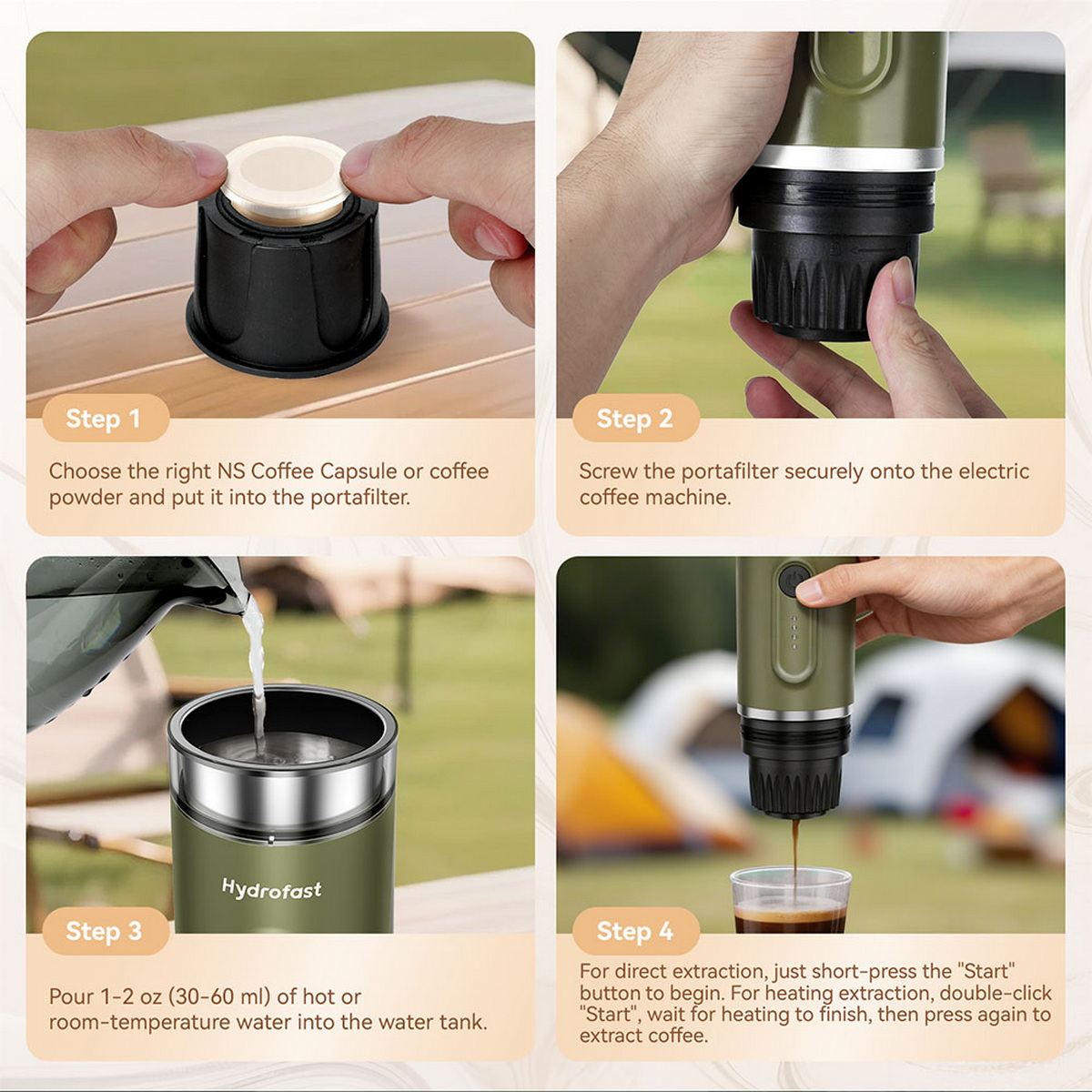 Pasos para hacer café: insertar cápsula, atornillar portafiltro, añadir agua, extraer café.