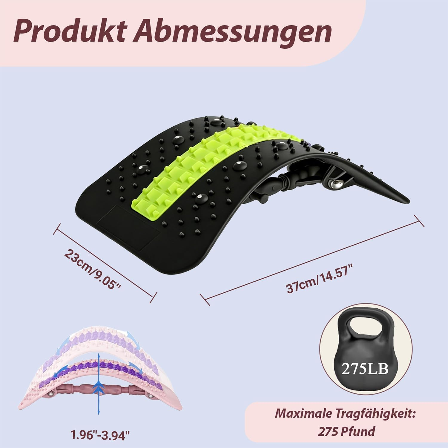 Ein schwarzer Rückenstrecker mit grünen Akzenten und Maßen.