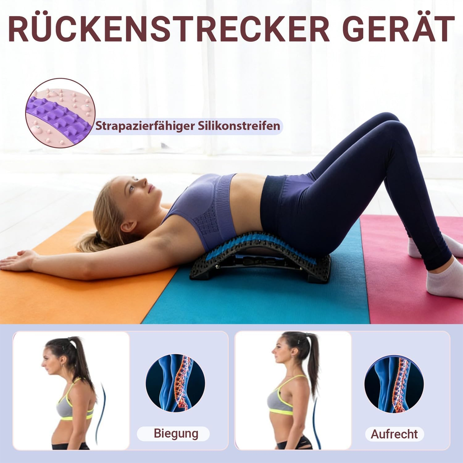 Frau liegt auf einem Rückentrainer, mit Detailansichten von Silikonstreifen und Wirbelsäule.
