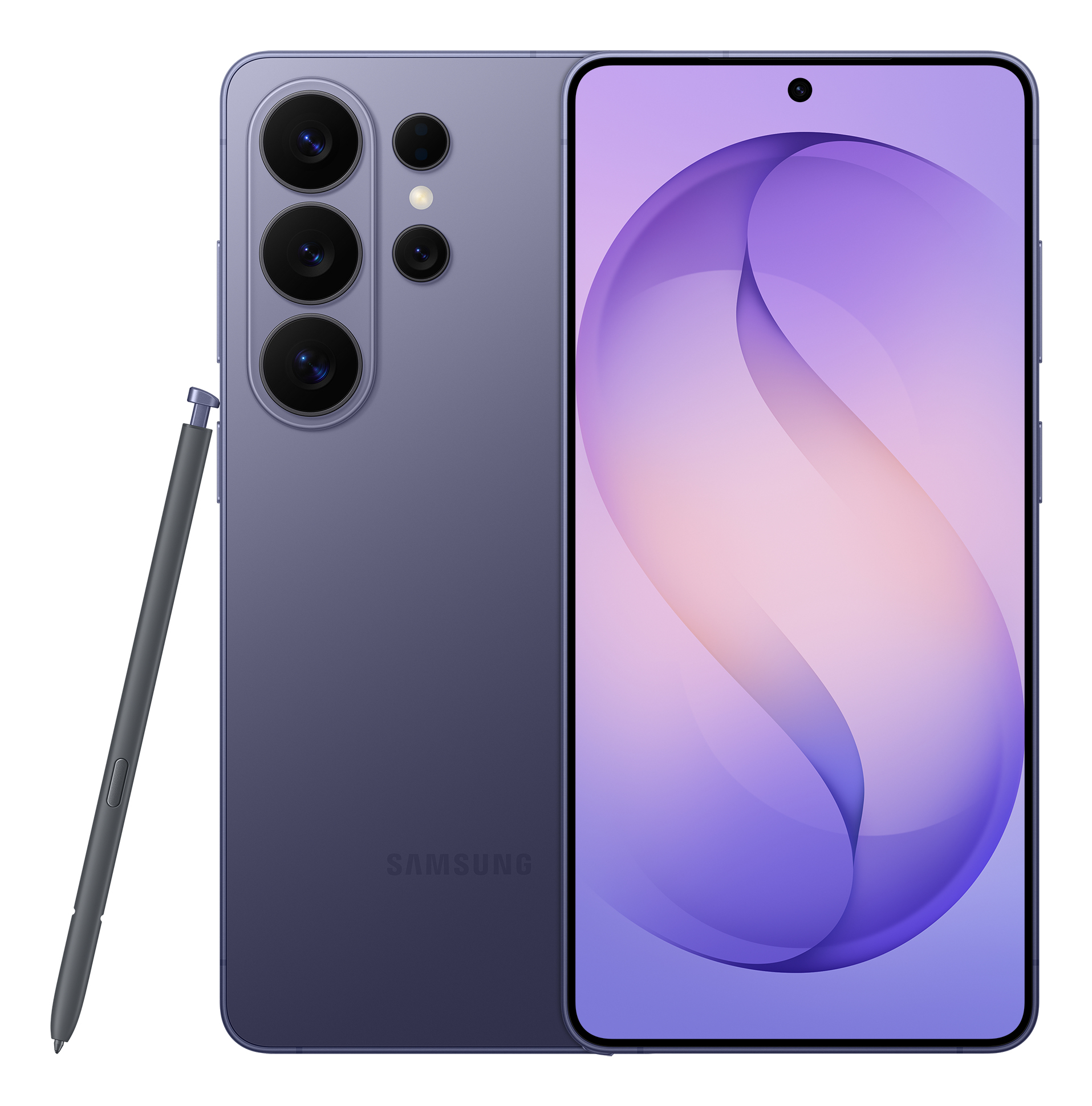 Uno smartphone viola con stilo e array di fotocamere.