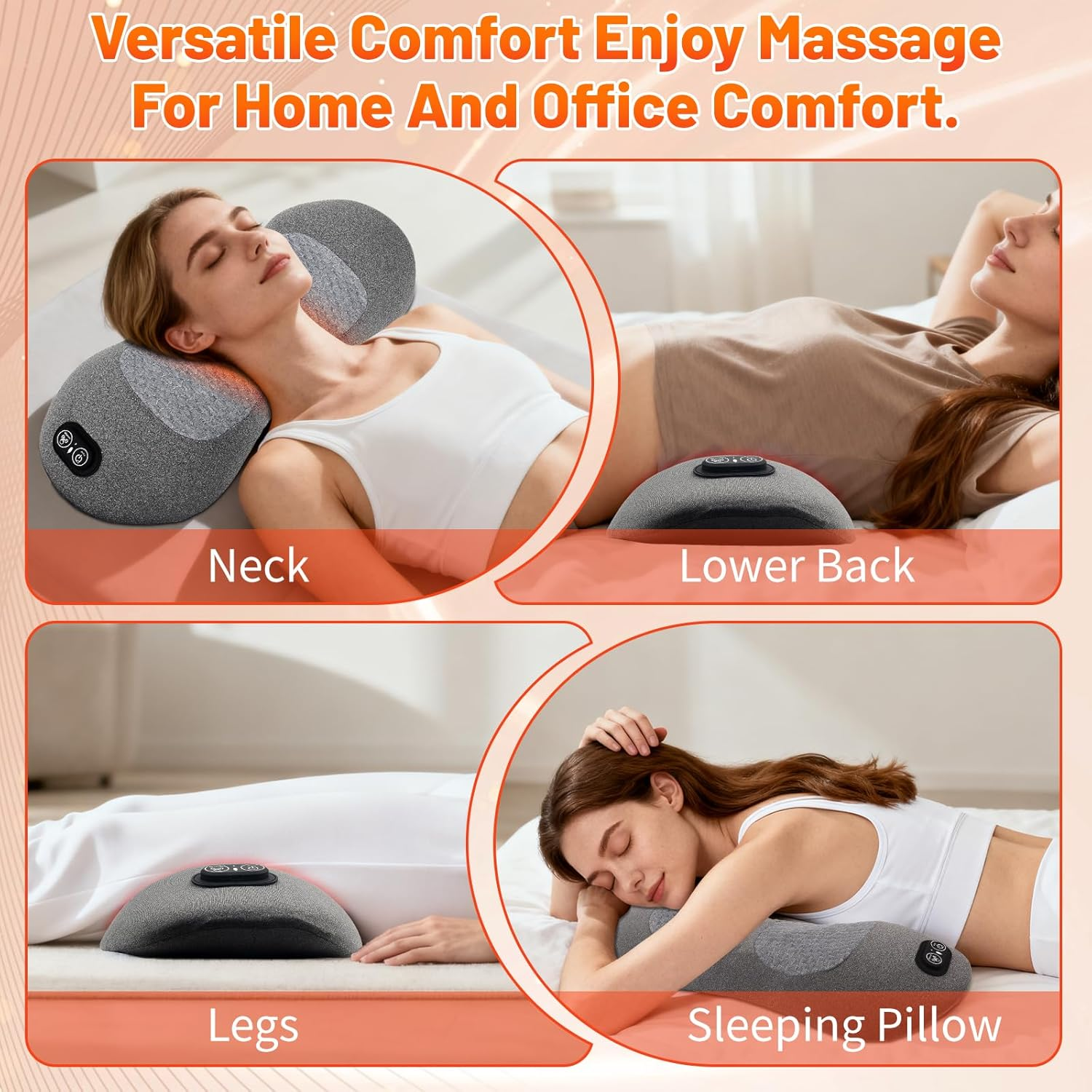 Vier Szenen zeigen ein Massagekissen für Nacken, Lendenwirbel, Beine und als Schlaf.