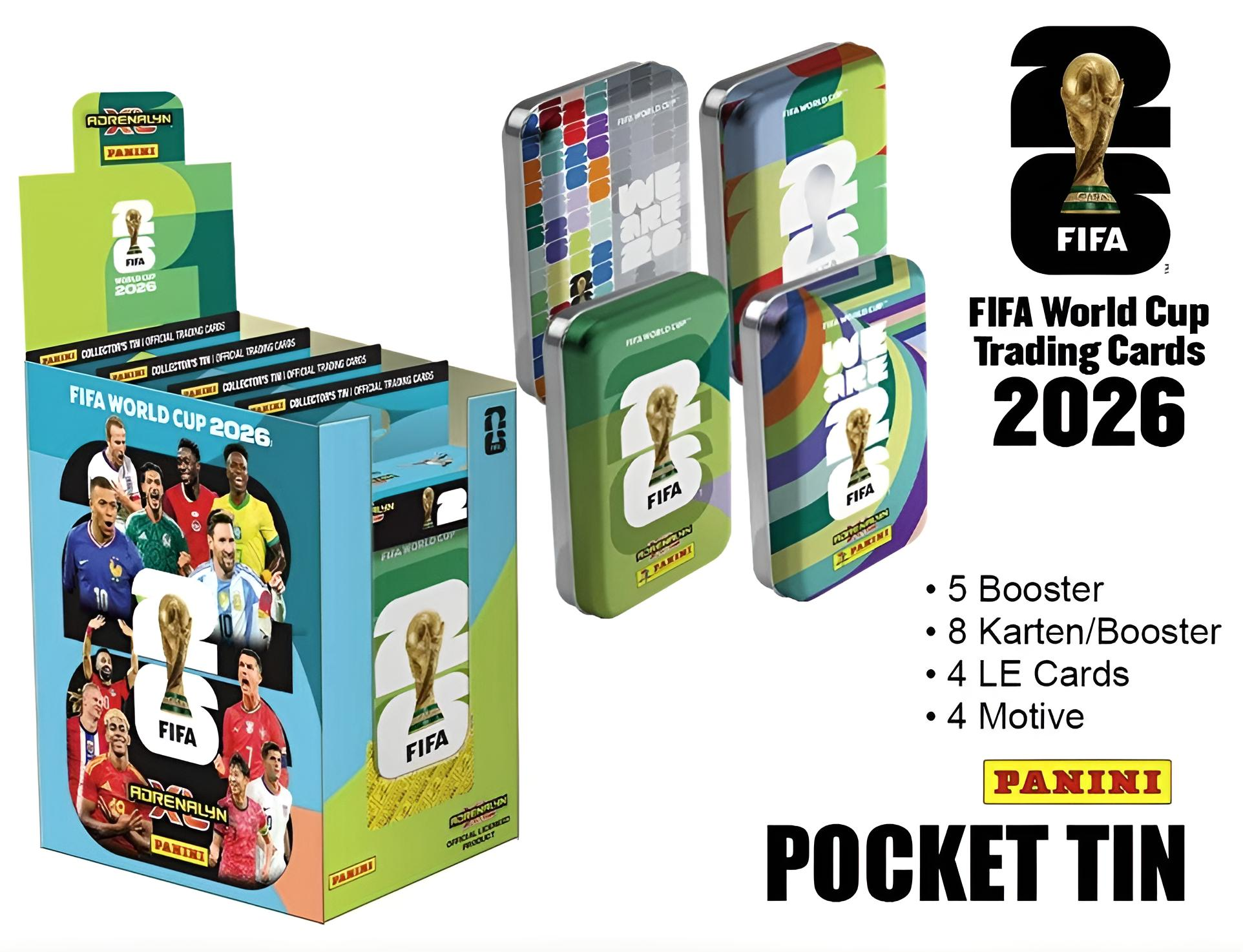 FIFA World Cup 2026 Trading Cards mit Fußballern und Pokal. Panini Pocket Tin.
