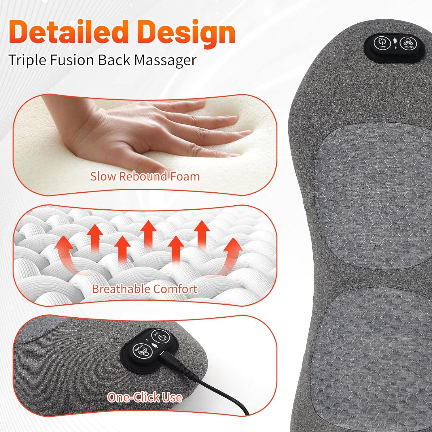 Rückseite eines Rückens massagegeräts mit Details zu Schaum, Belüftung und Steuerung.