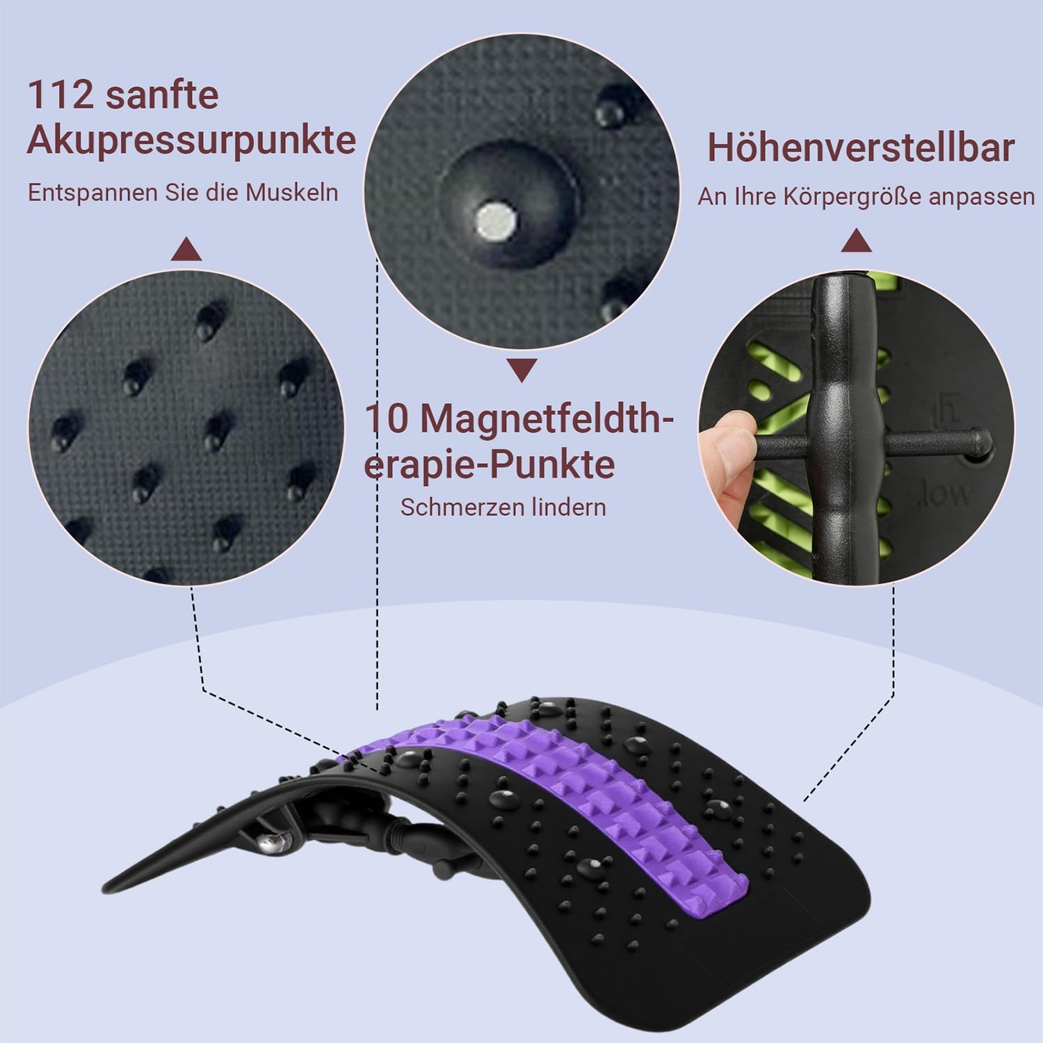 Ein schwarzes Akupressur-Rückenstreckgerät mit lila Akzenten und Nahaufnahmen.