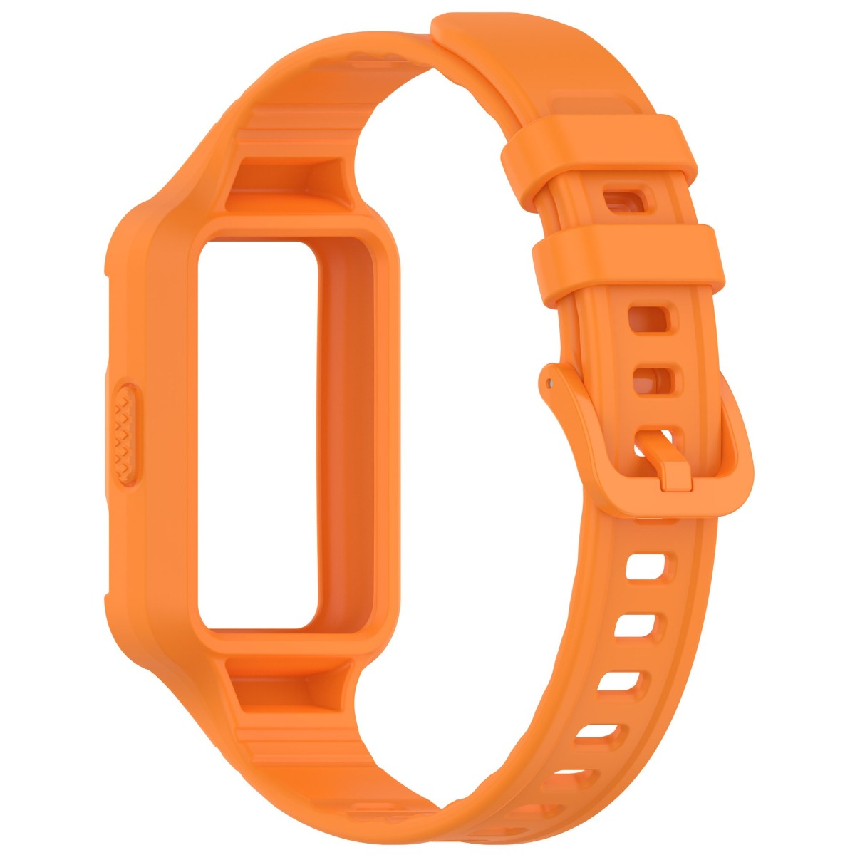 Ein oranges Uhrenarmband mit einem rechteckigen Ausschnitt für ein Smartwatch-Gehäuse.