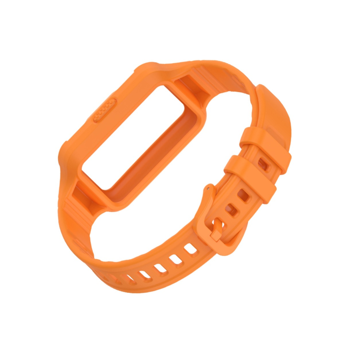Ein orangefarbenes Armband für ein Fitness-Tracker-Gerät, freigestellt auf weißem Hintergrund.