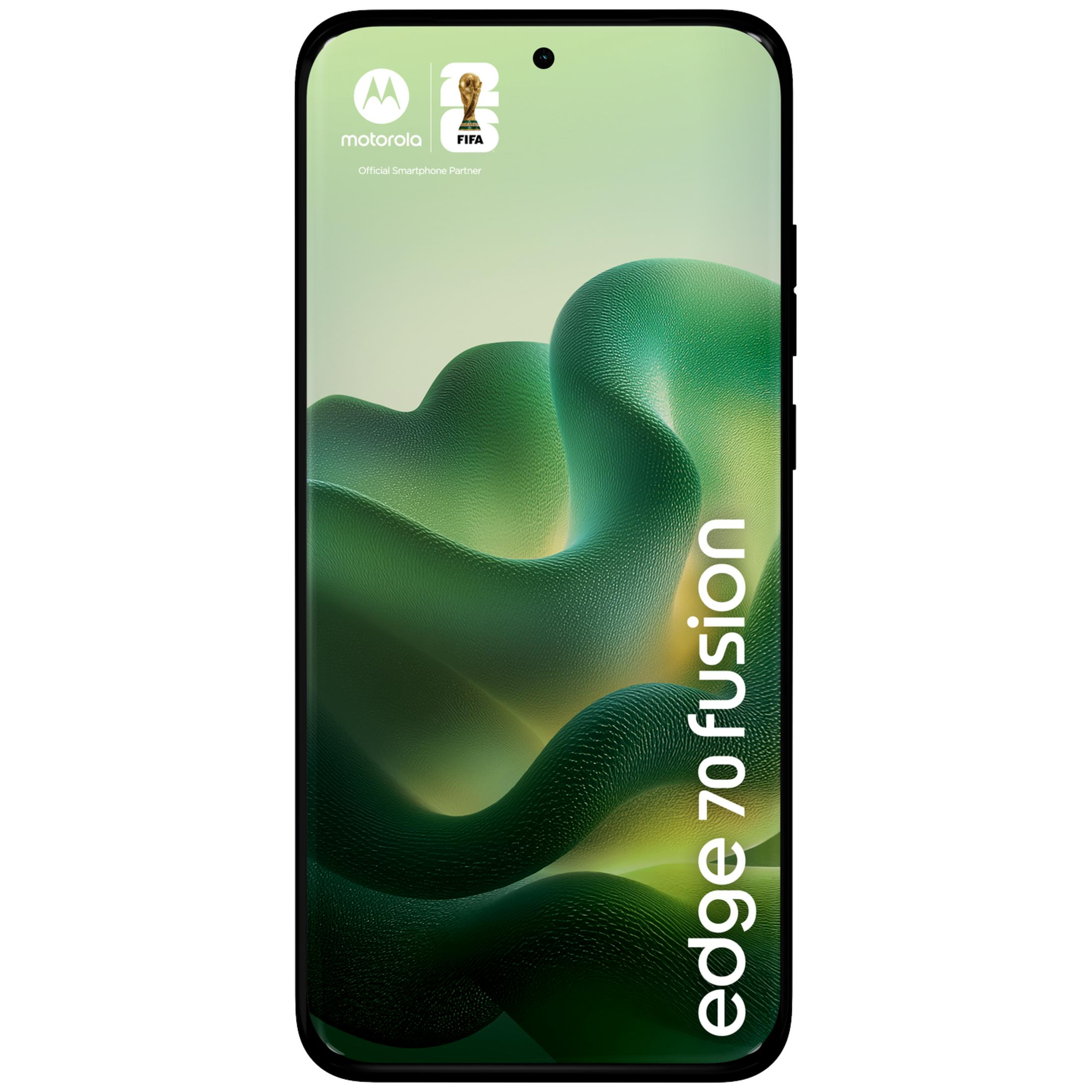 Smartphone Motorola Edge 70 Fusion con logo FIFA y diseño de ola verde.