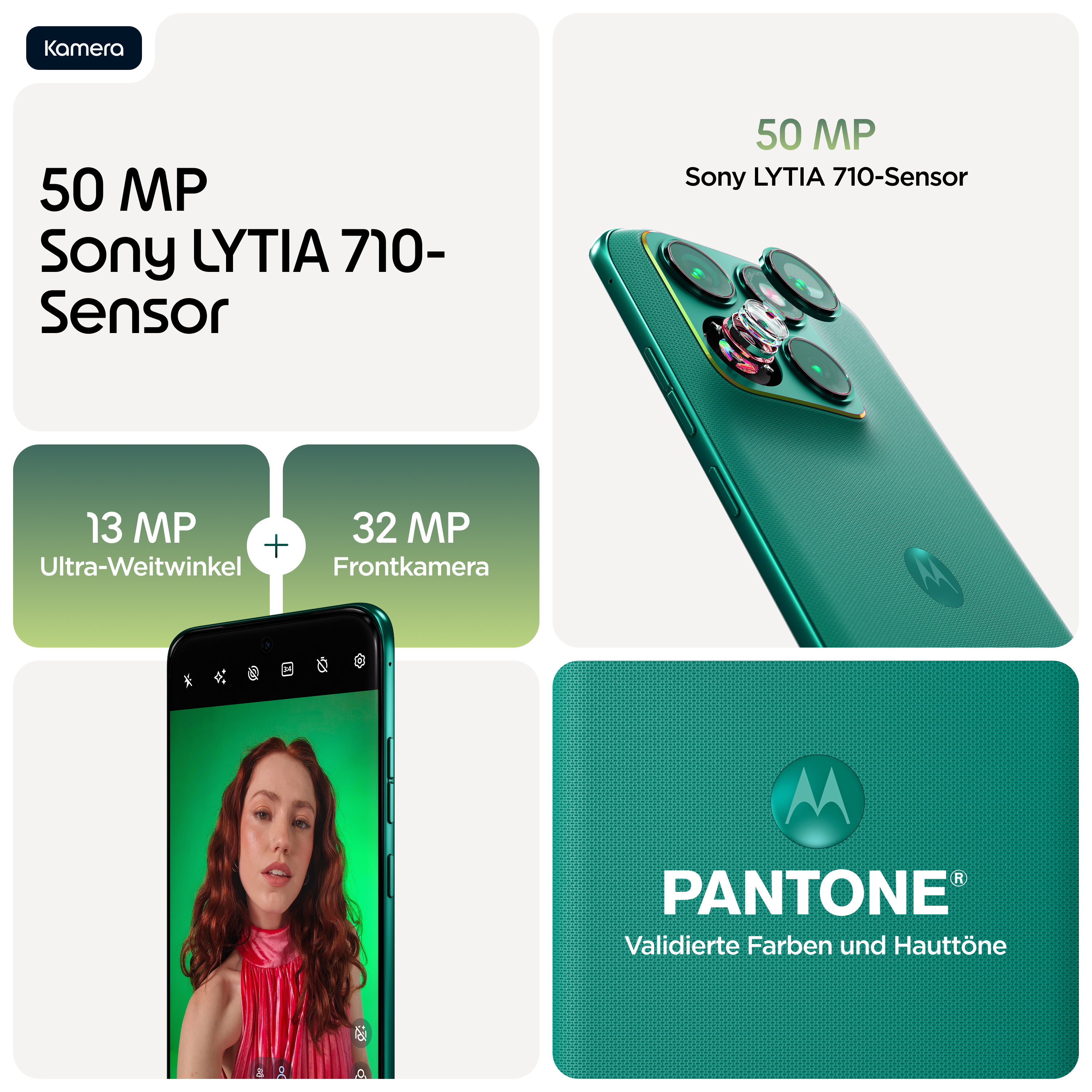 Smartphone verde con sensor Sony LYTIA 710 de 50 MP, ultra gran angular de 13 MP y frontal de 32 MP.