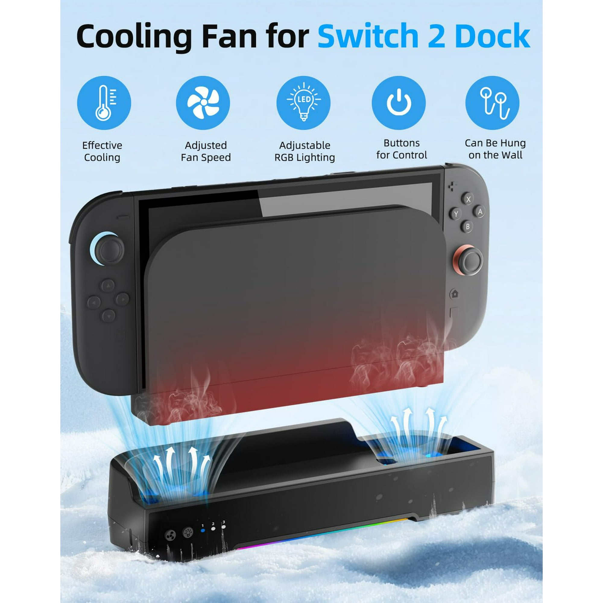 Ein Nintendo Switch 2 Dock mit Lüfter und Kühlfunktion, auf Schnee.