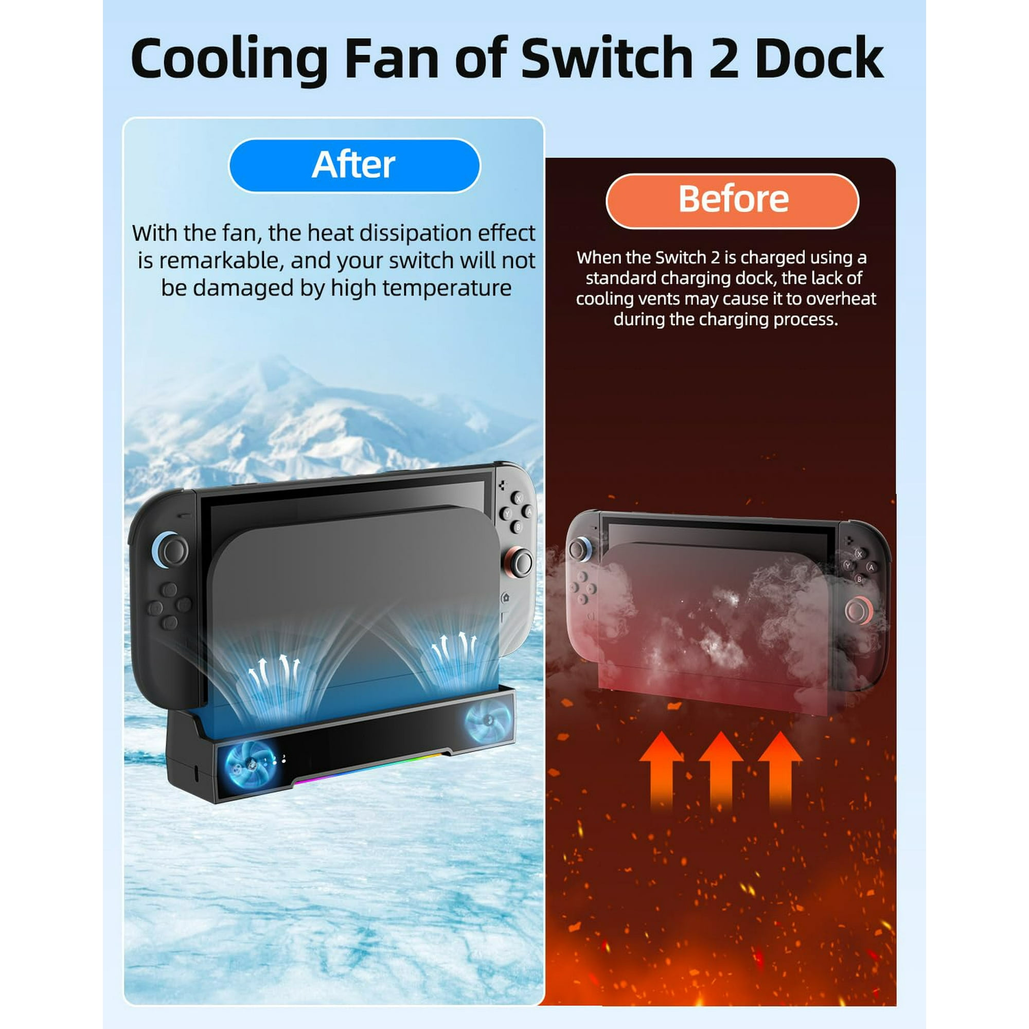 Vorher/Nachher-Vergleich eines Switch 2 Docks mit Lüfter. Links: Kühlung. Rechts: Überhitzung.
