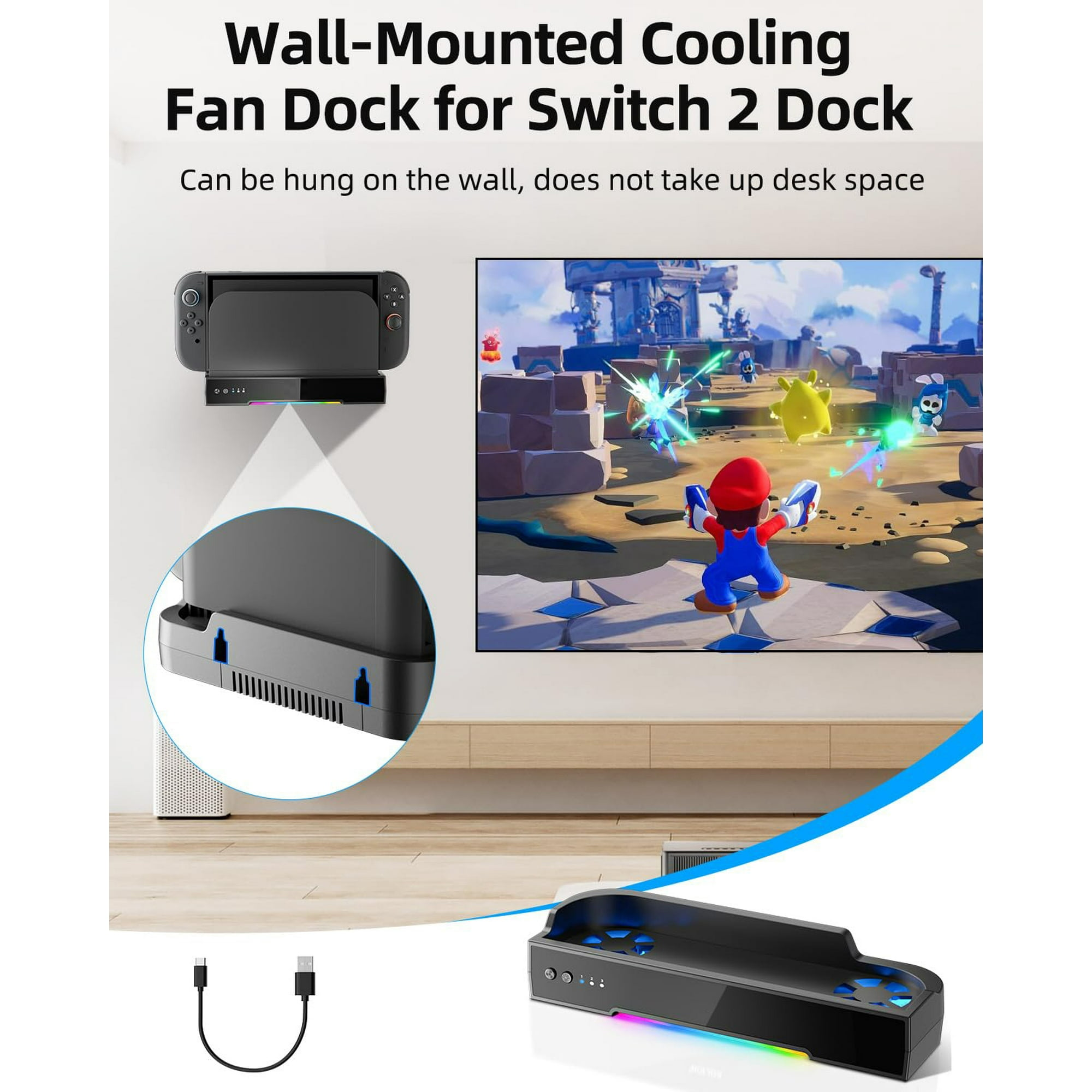 Eine wandmontierte Lüfterstation für Switch 2. Ein Spiel wird auf einem Bildschirm gezeigt.
