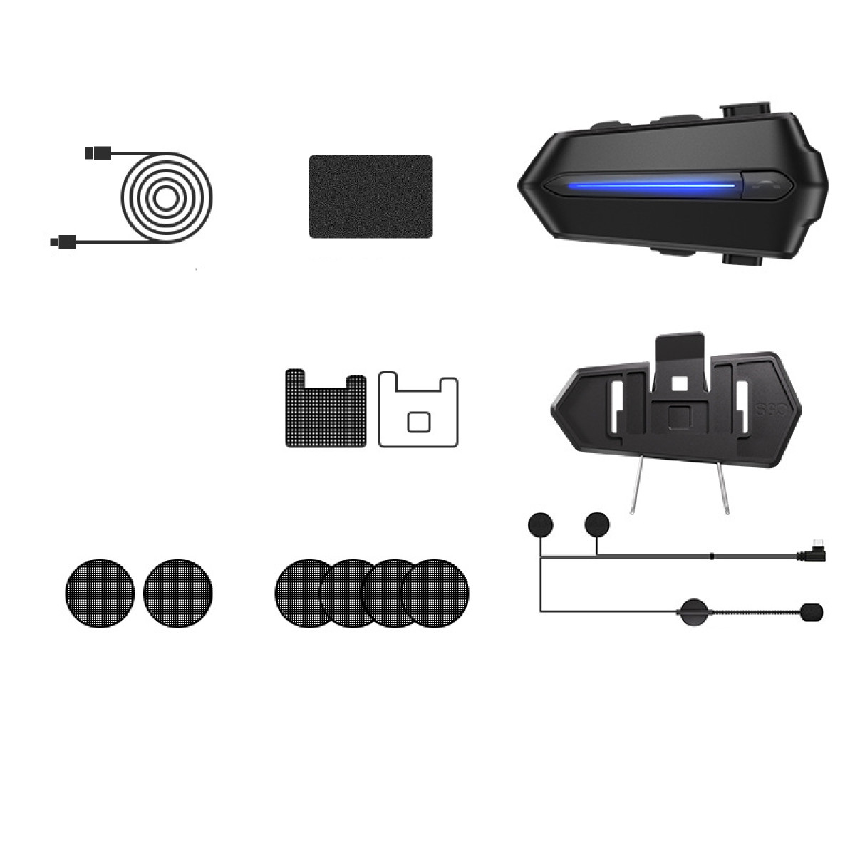 Motorrad-Headset-Zubehör: Kabel, Pad, Headset, Halterung, Lautsprecher, Mikrofone.