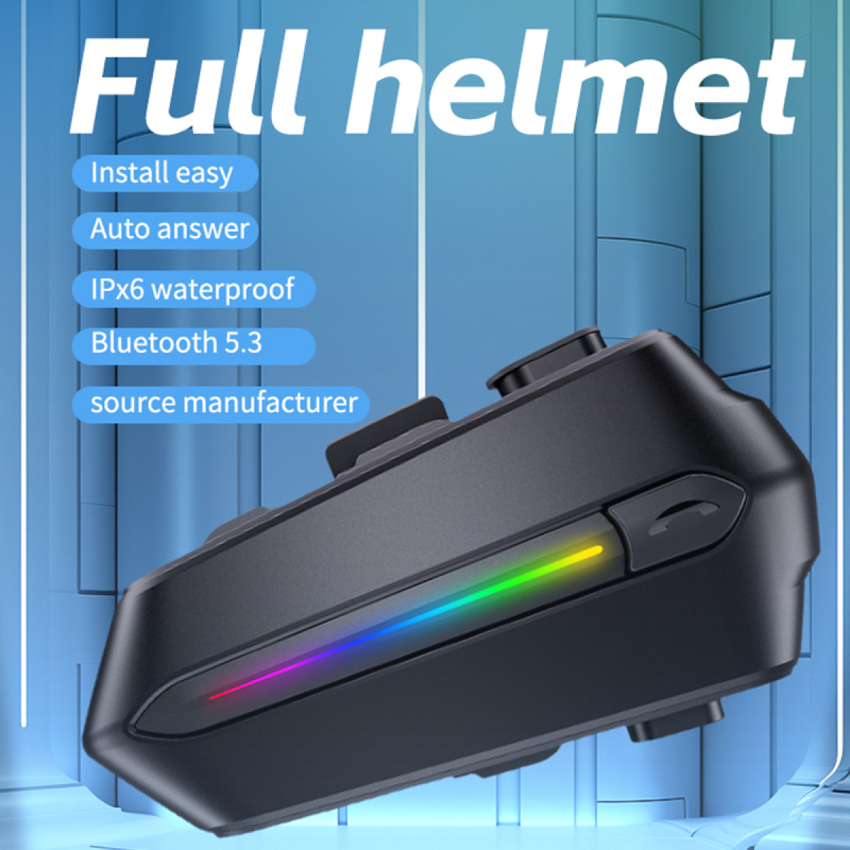 Schwarzes Helm-Kommunikationsgerät mit Regenbogen-LED-Lichtleiste und Text.