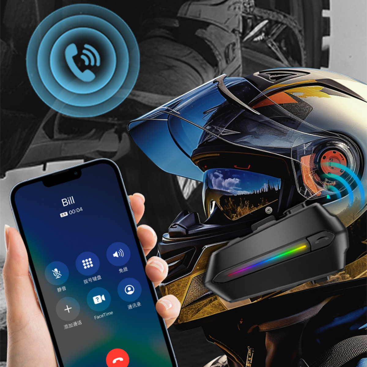 Anruf eingehend für einen Motorradhelm mit angebrachtem Bluetooth-Gerät.