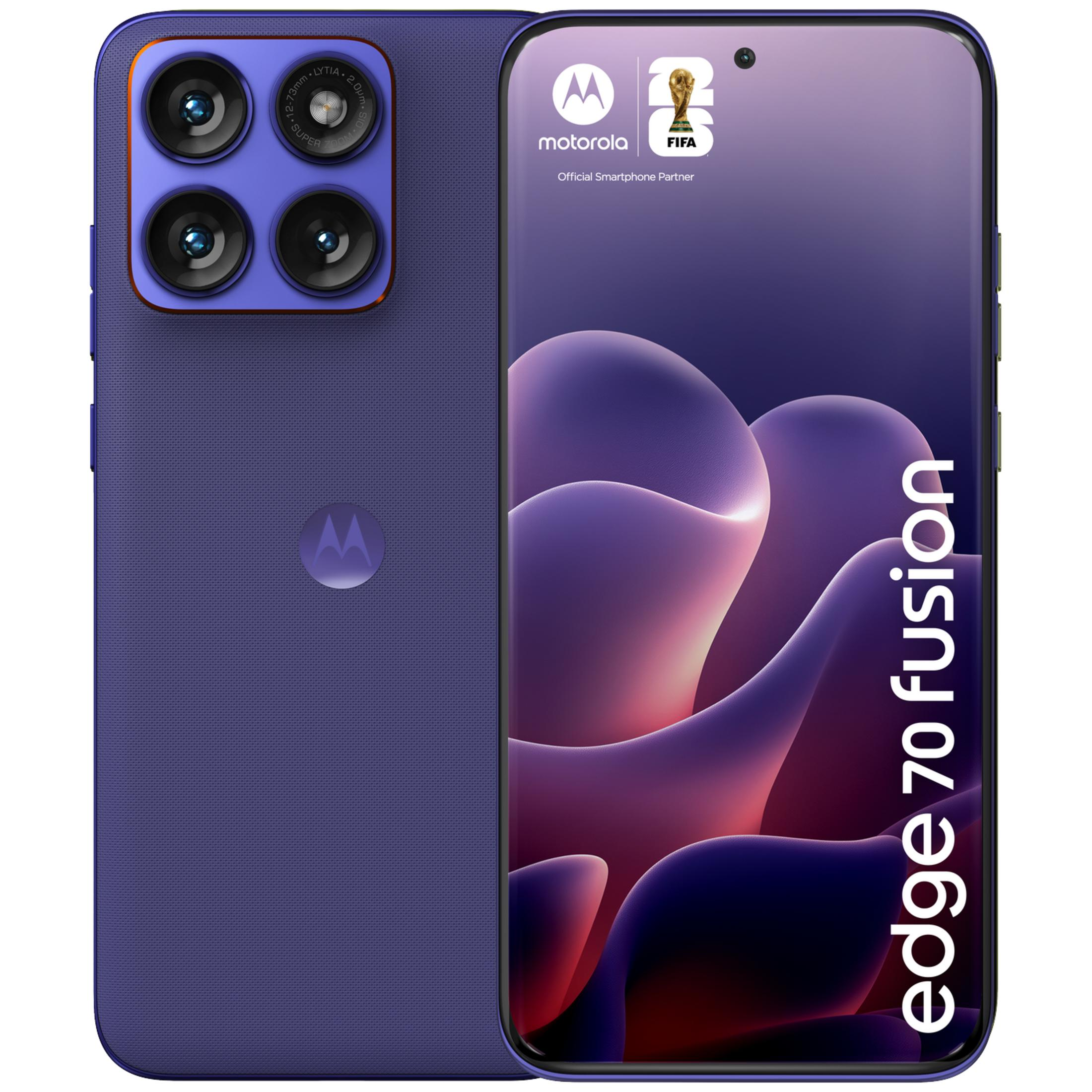 Ein violettes Motorola Smartphone mit vier Kameras und dem FIFA-Logo.