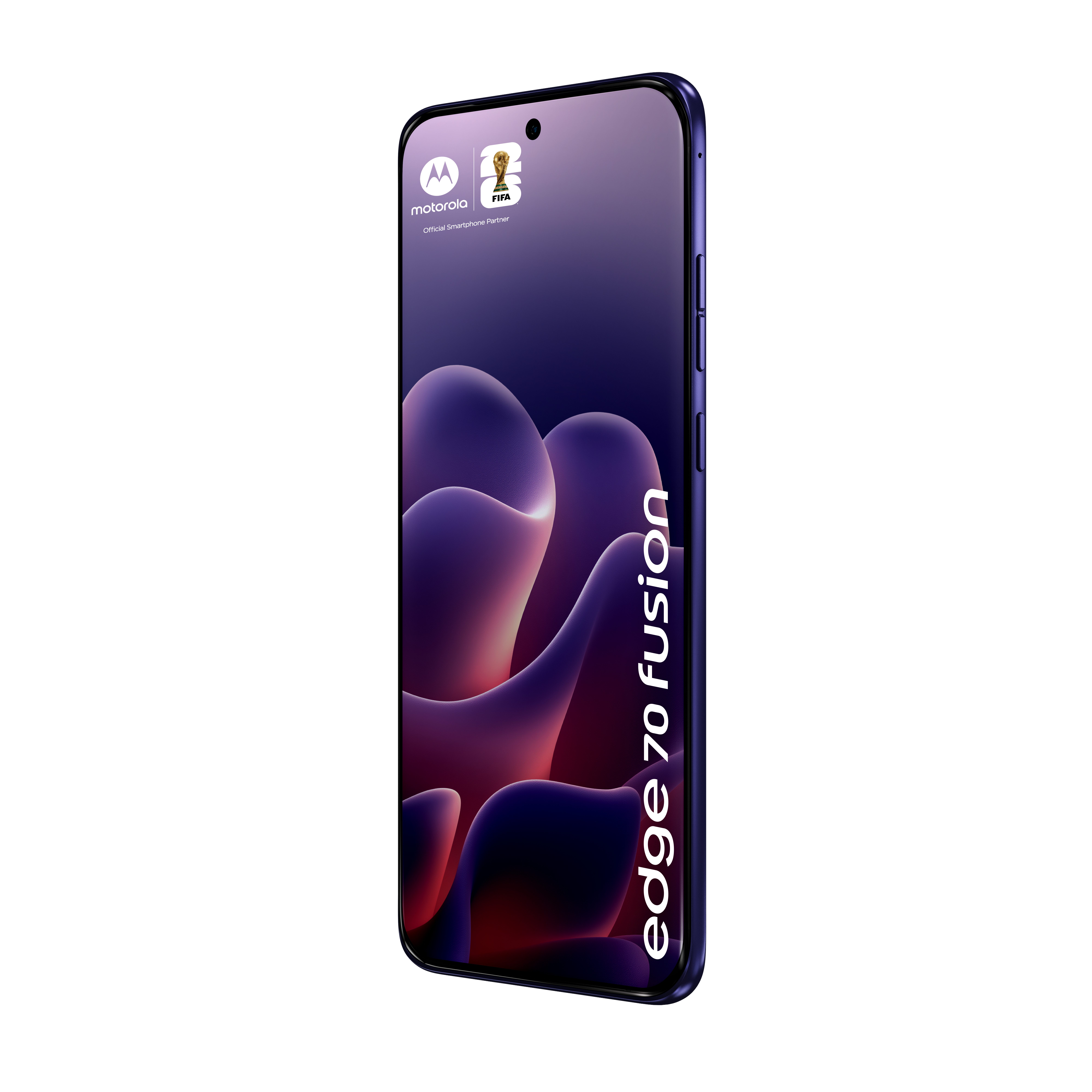 Ein dunkelblaues Motorola Smartphone mit dem Text „edge 70 fusion“.
