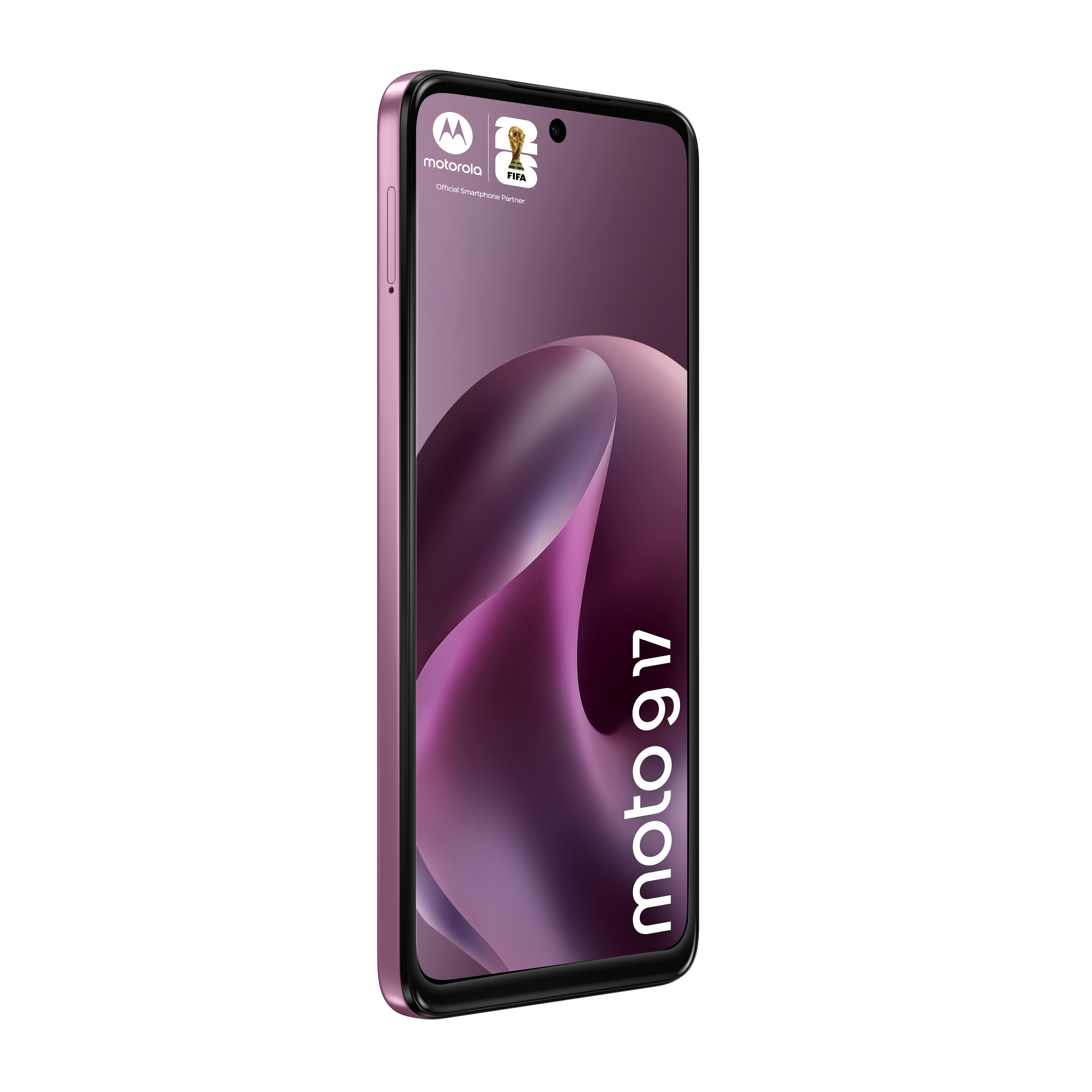 Uno smartphone Motorola Moto G17 rosa, inclinato, con uno schermo dai toni viola che mostra i loghi Motorola e FIFA.
