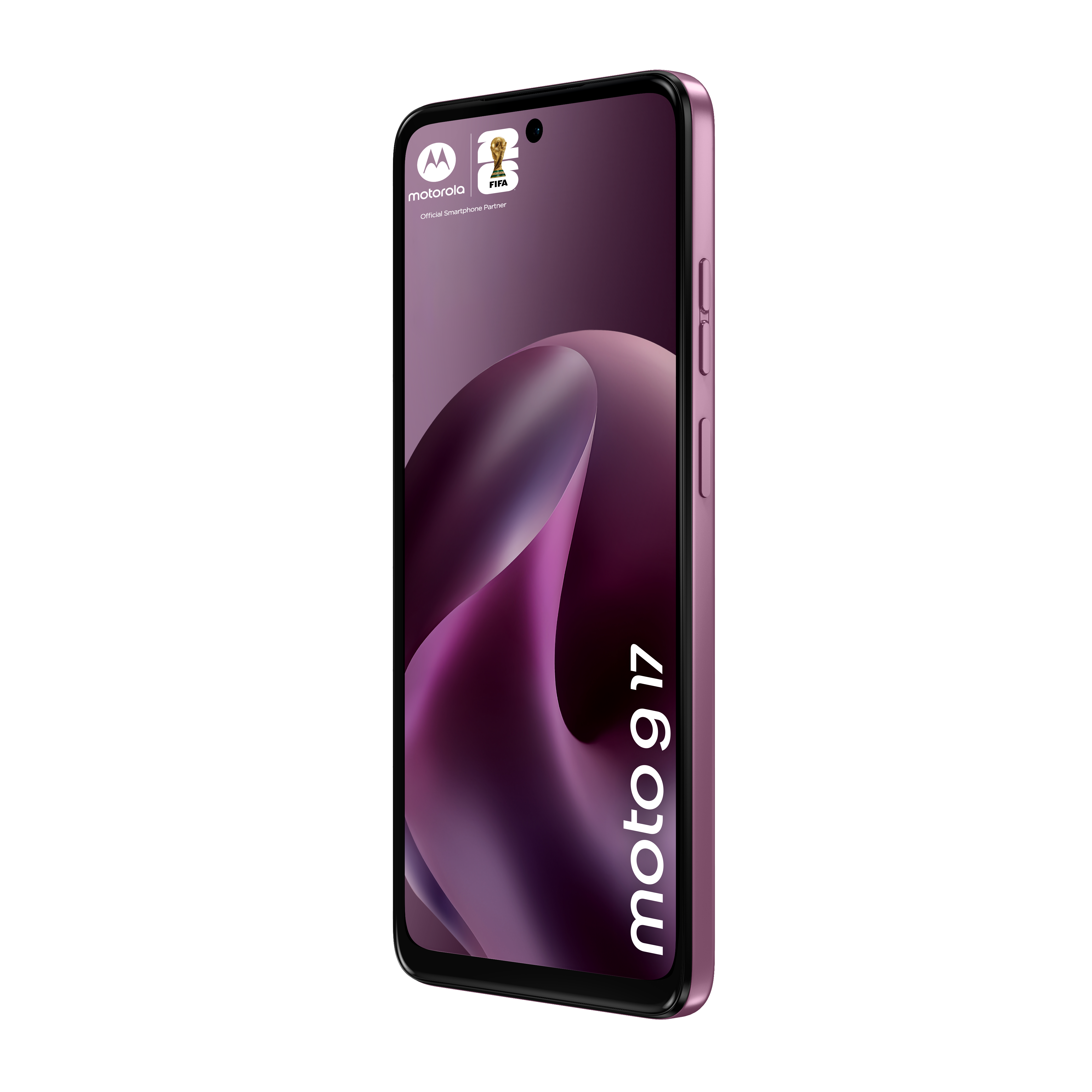 Uno smartphone Motorola Moto G17 viola, angolato, che mostra lo schermo con uno sfondo astratto viola scuro e loghi.