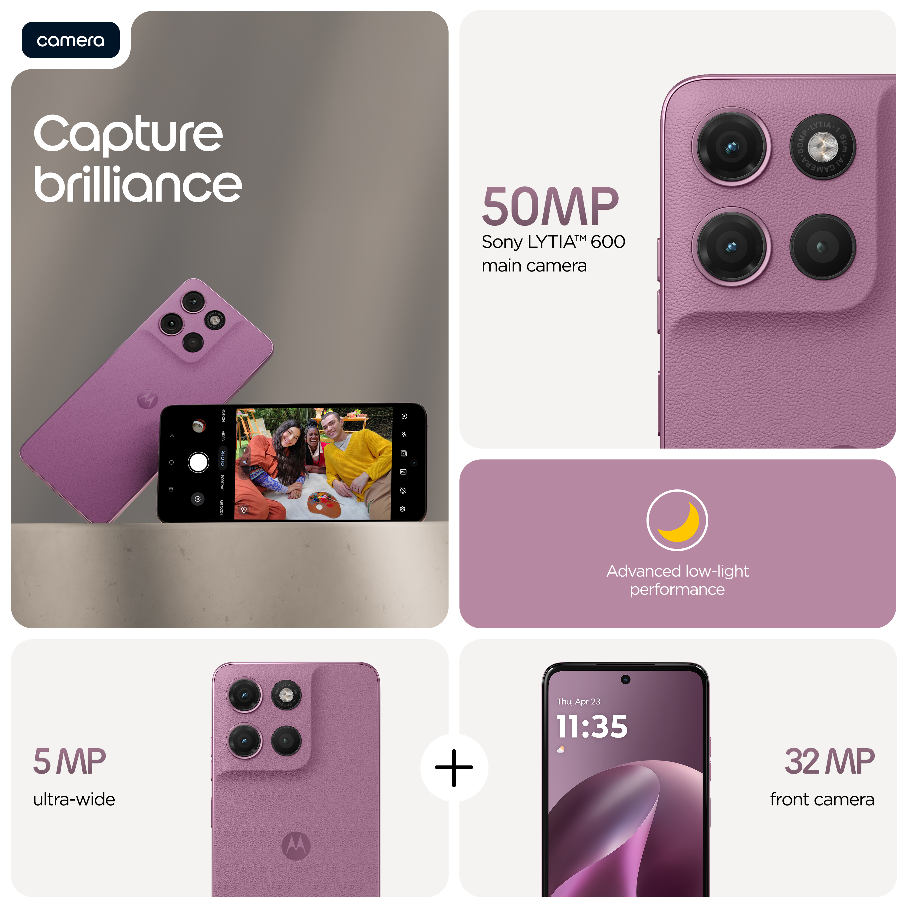 Smartphone viola con tre fotocamere posteriori, 50MP principale, 5MP ultra-grandangolare.
