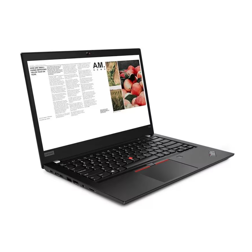 Otwarty czarny laptop Lenovo ThinkPad wyświetla artykuł na ekranie.