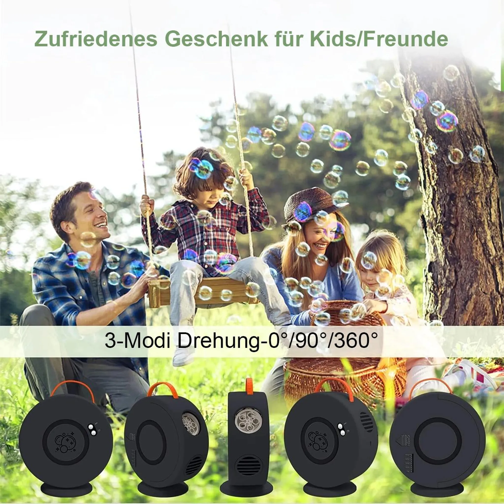 Familie im Park macht Seifenblasen, vier schwarze Blasmaschinen im Vordergrund.