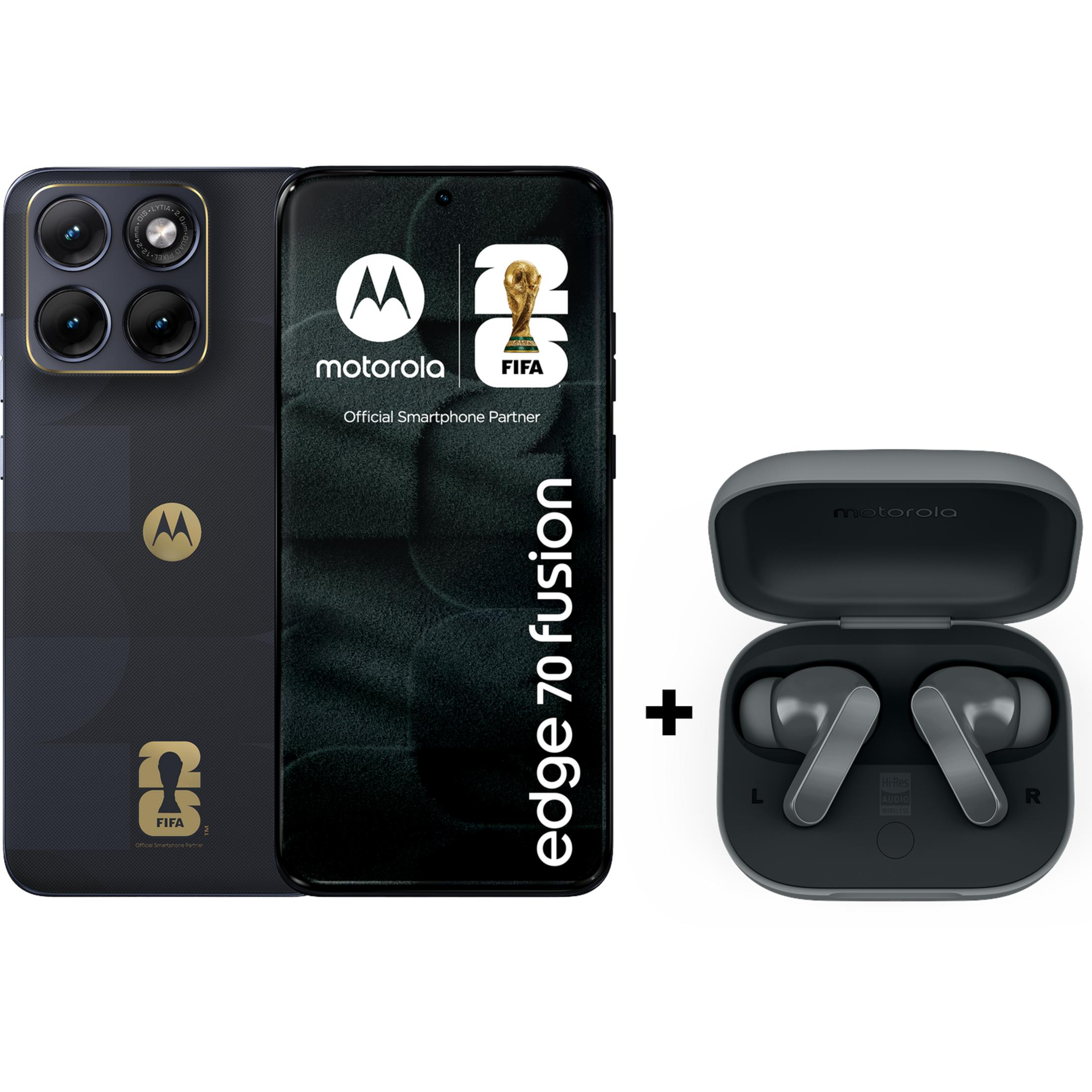 Motorola Smartphone und Ohrhörer mit FIFA-Logo. Schwarz und Grau.