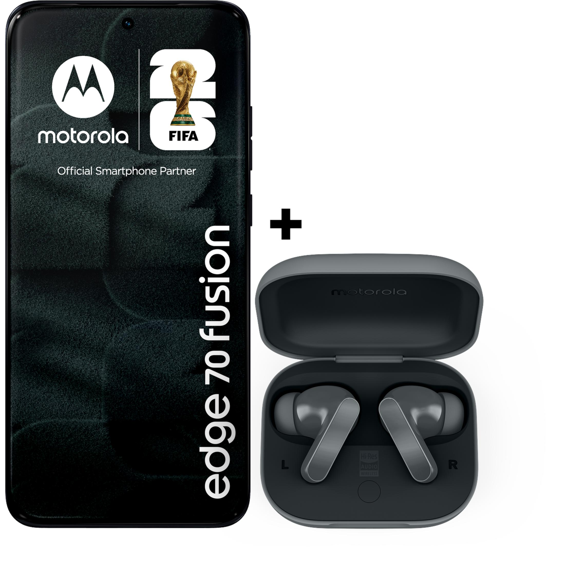 Motorola Smartphone und Ohrhörer mit FIFA-Logo und Pokal.