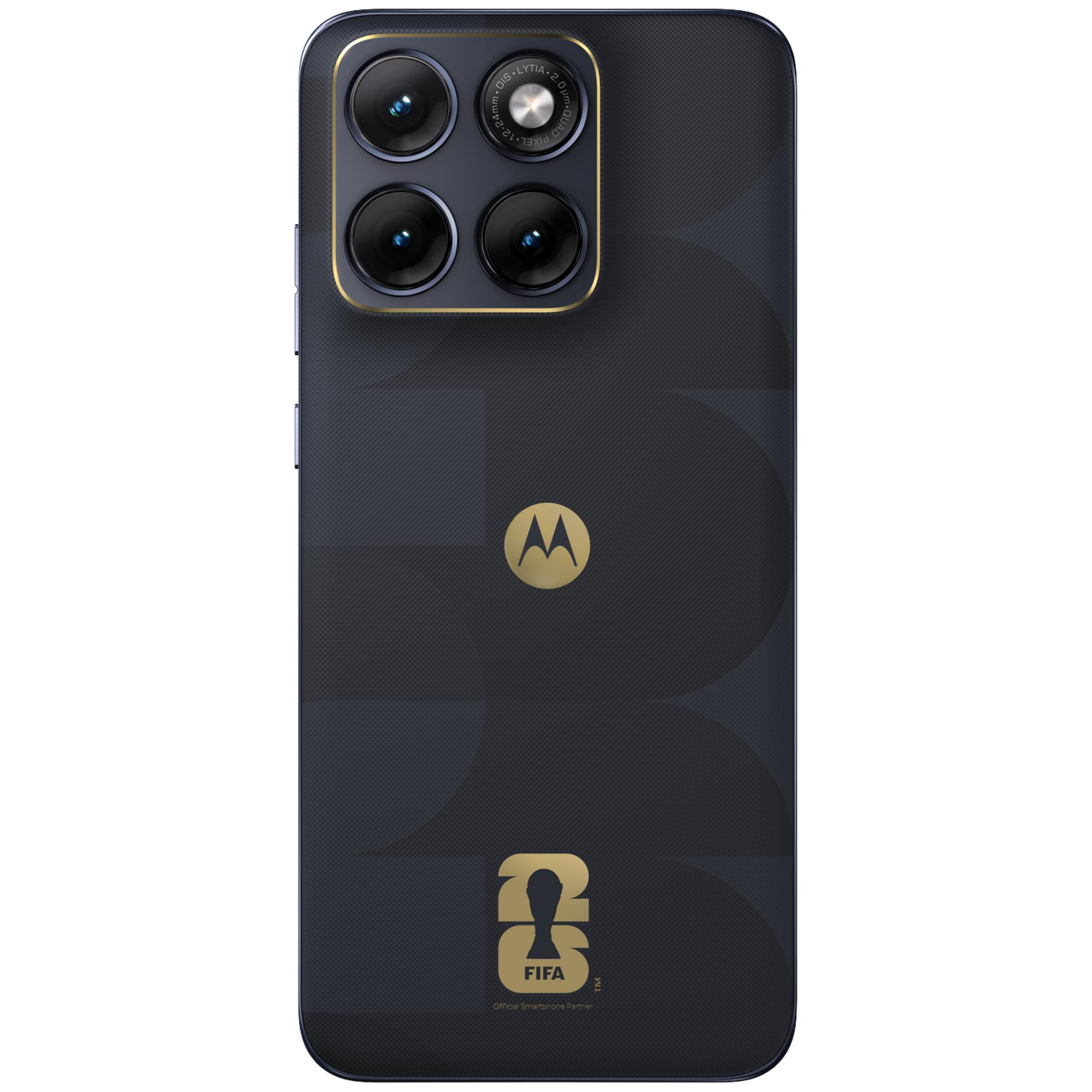 Dunkelblaues Motorola-Smartphone mit vier Kameras, Motorola-Logo und FIFA-Logo.
