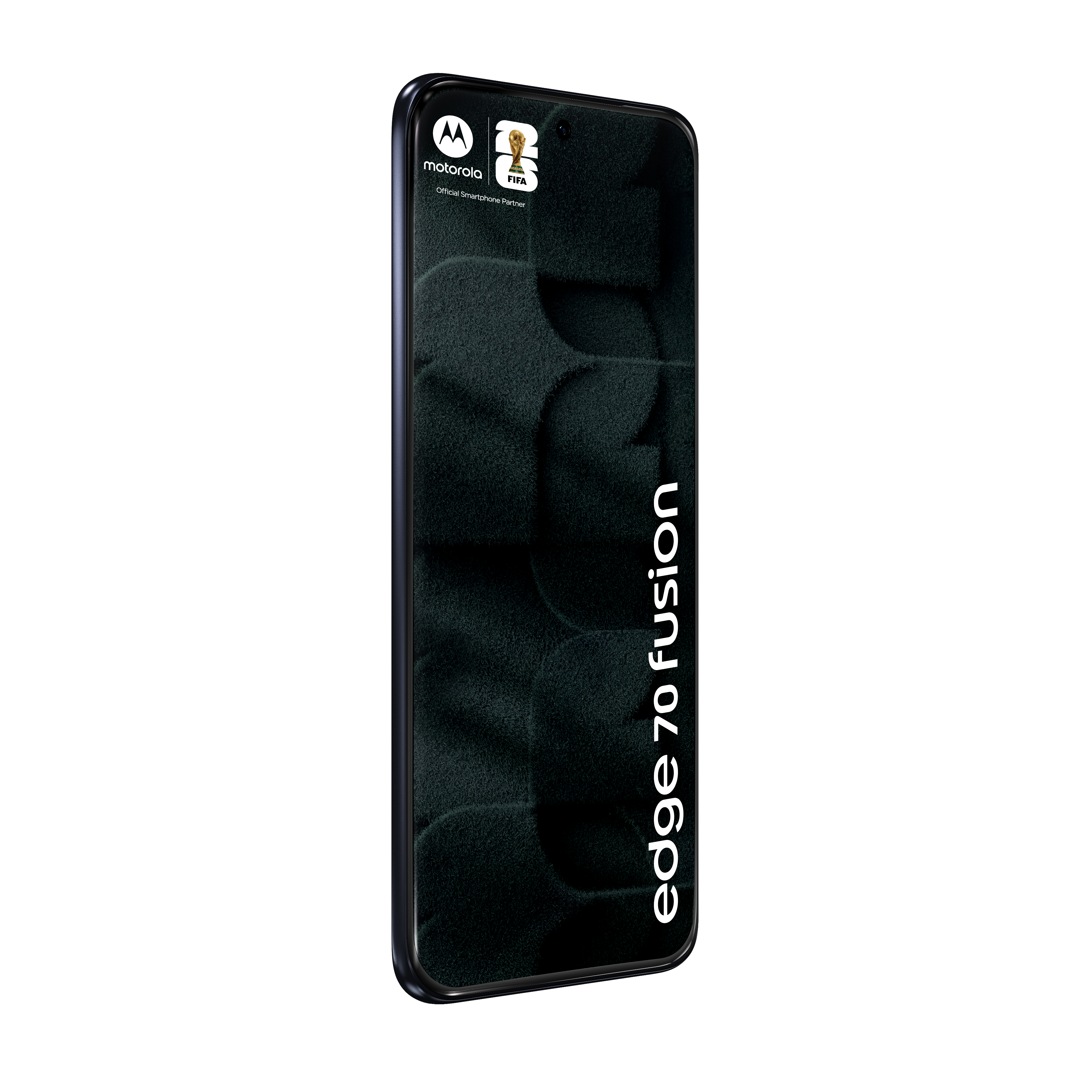 Motorola Edge 70 Fusion Smartphone mit FIFA-Logo und dunklem Muster.