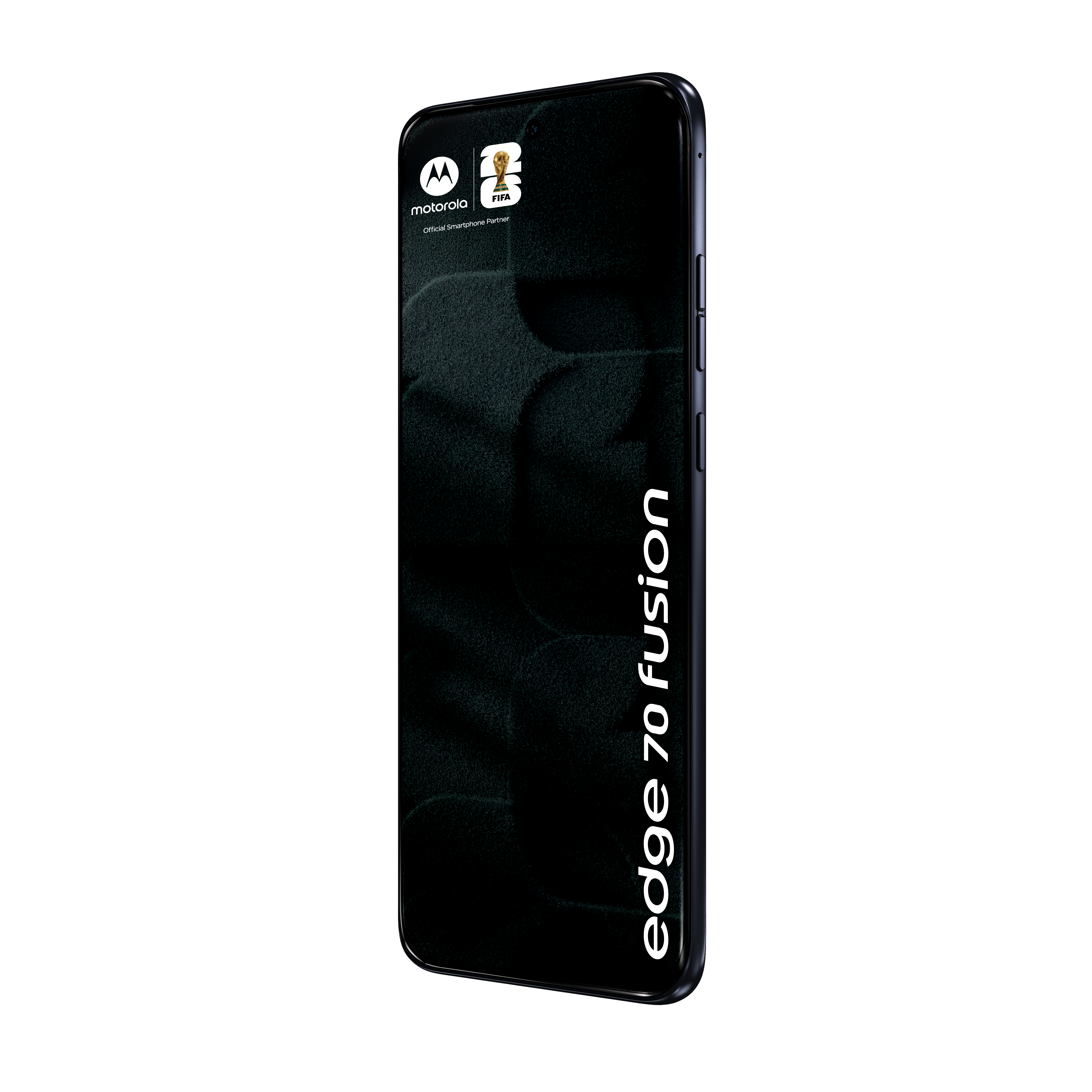Ein schwarzes Motorola Edge 70 Fusion Smartphone mit FIFA-Logo.
