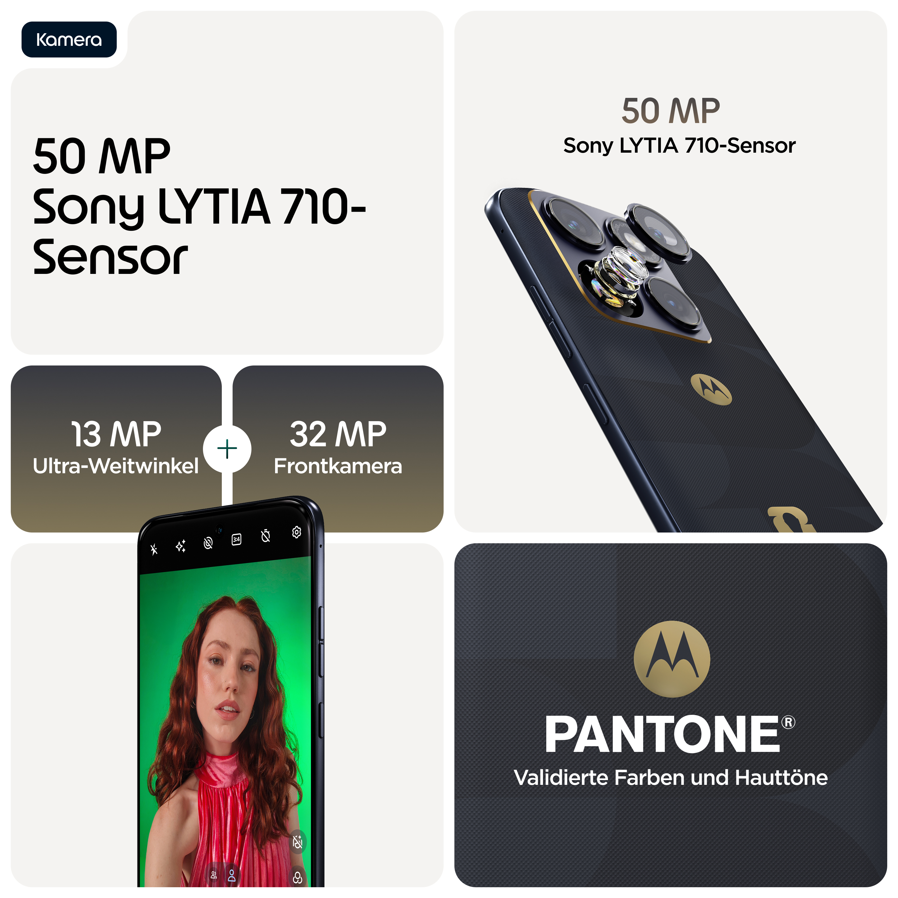 Motorola Telefon mit 50 MP Kamera, 13 MP Ultra-Weitwinkel, 32 MP Frontkamera.