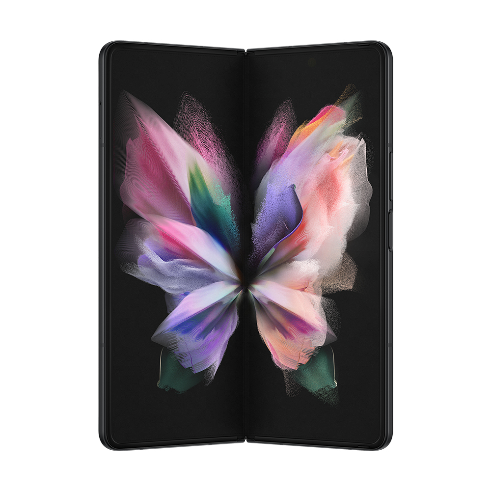 Ekranında renkli bir kelebek grafiği bulunan açık bir akıllı telefon.