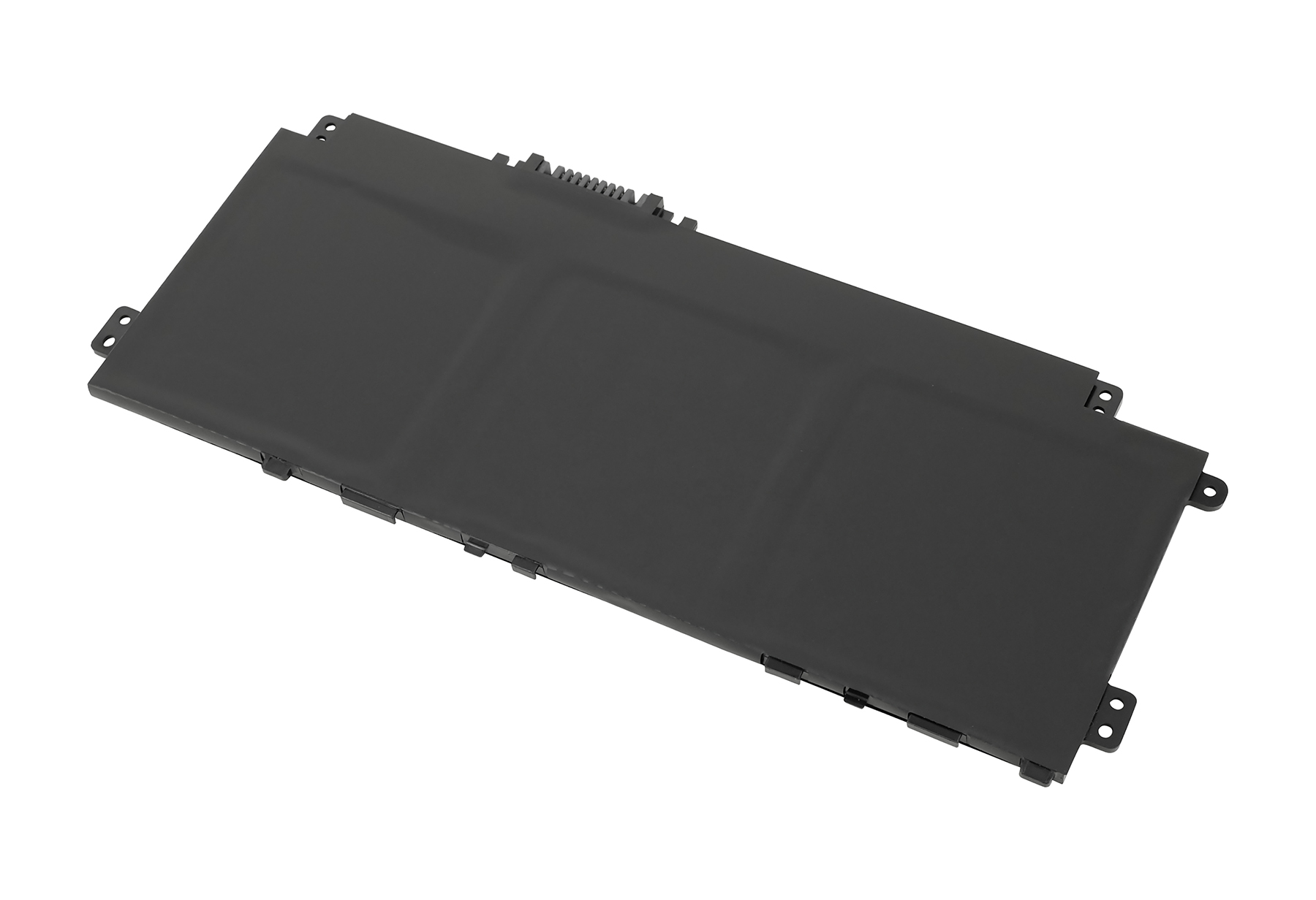 Ein schwarzer Laptop-Akku mit sichtbaren Anschlussstiften und Befestigungslöchern auf weißem Grund.