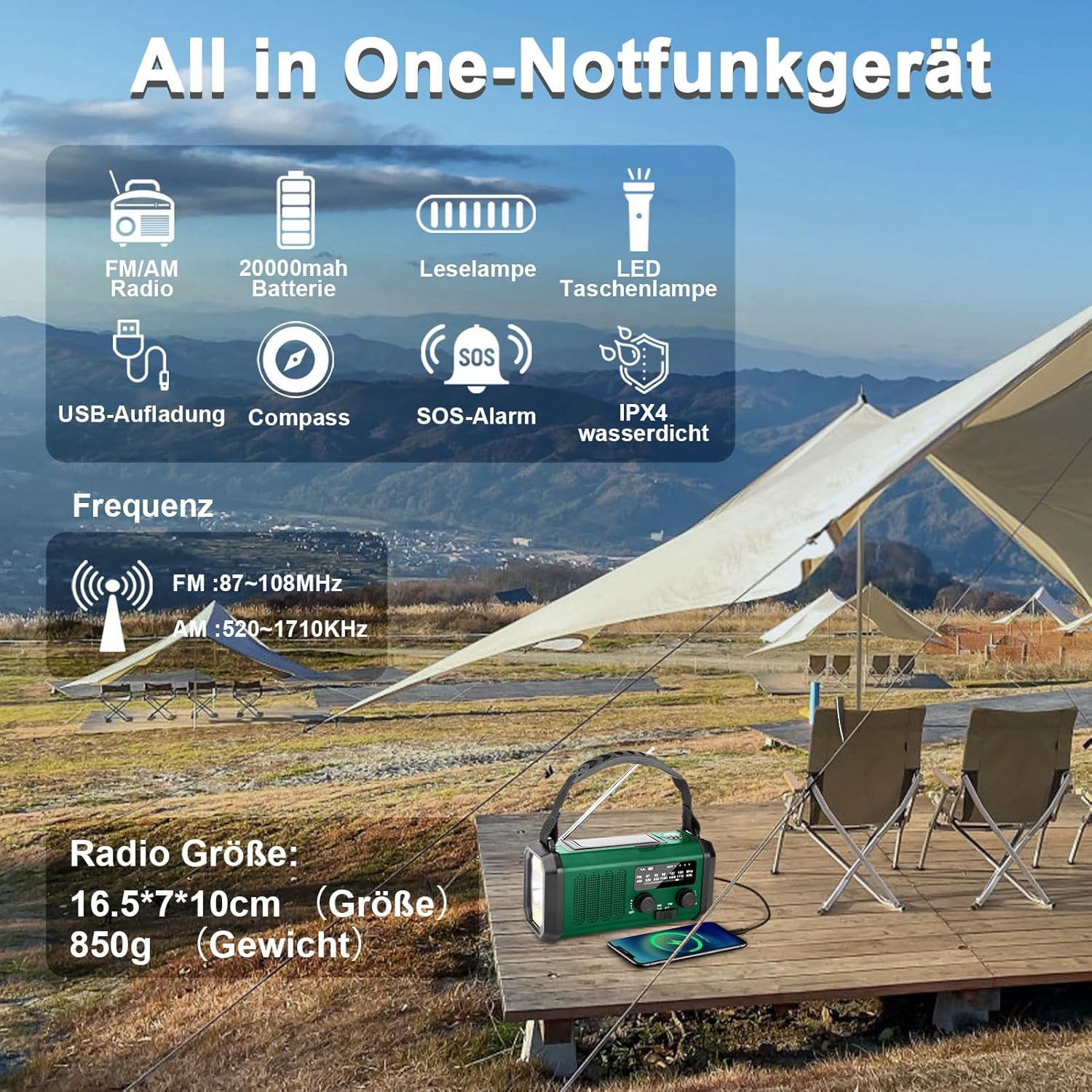Grünes Notfunkgerät mit Radio, Lampe, SOS-Alarm, Ladefunktion, am Campingplatz.