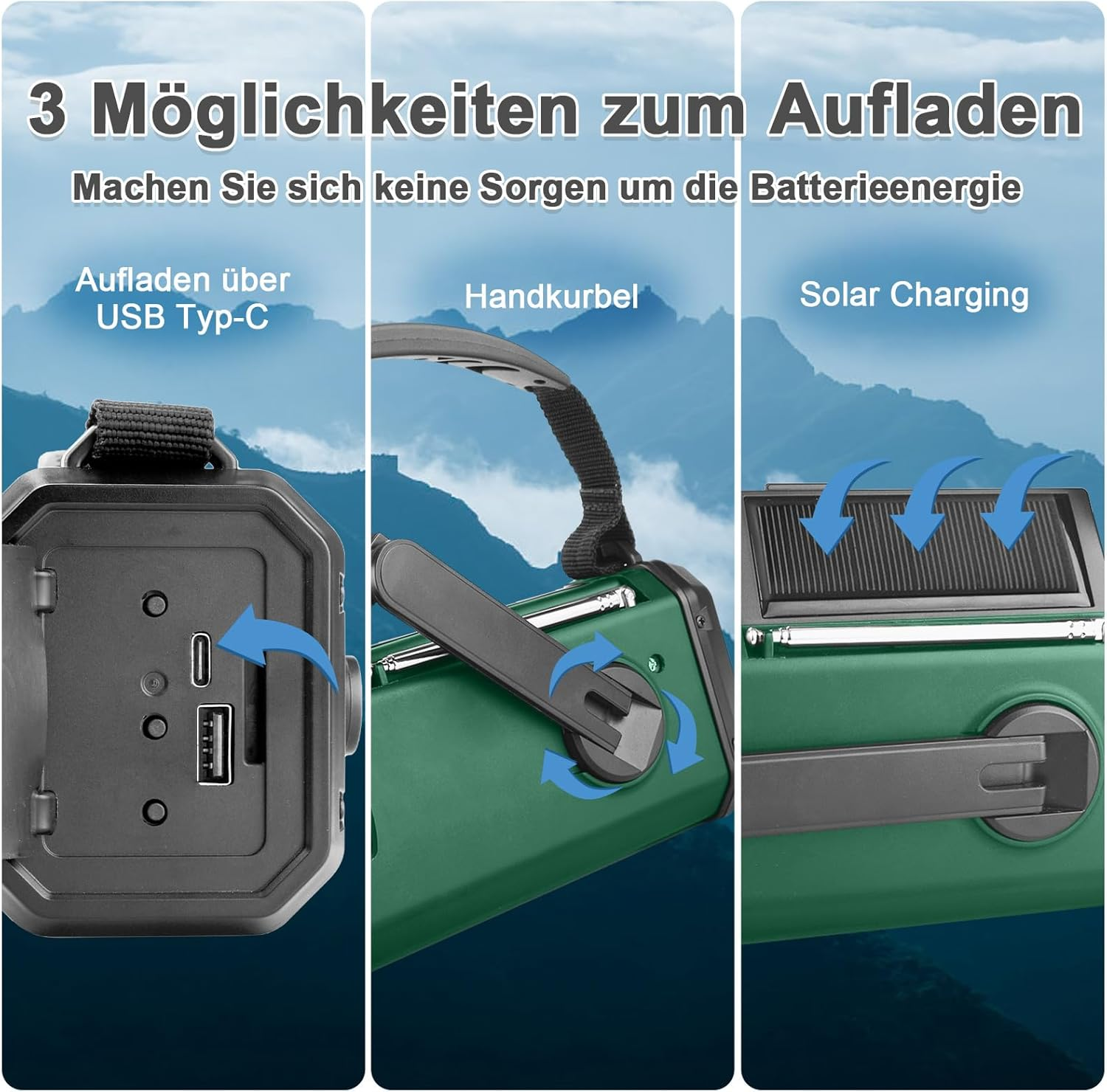 Gerät mit drei Lademöglichkeiten: USB-C, Handkurbel und Solar.