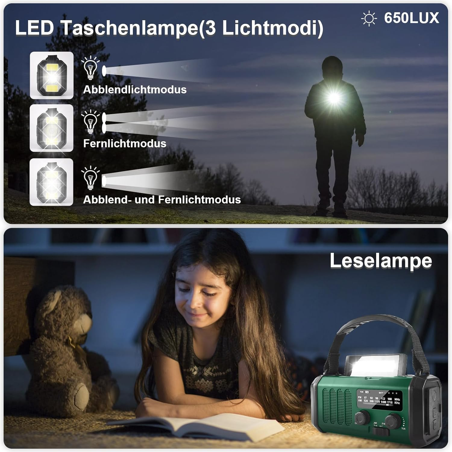 LED-Taschenlampe mit 3 Modi und eine Leselampe neben einem Mädchen.