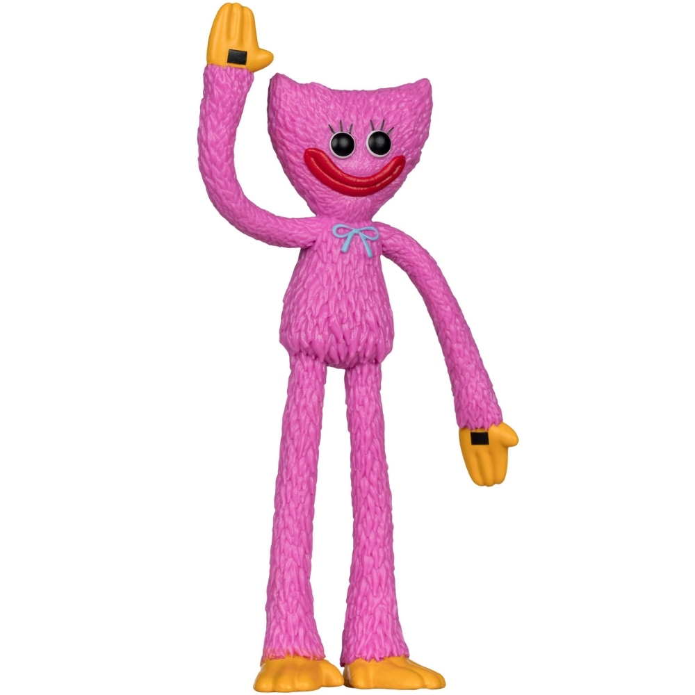 Eine flauschige rosa Figur mit gelben Händen und Füßen, die winkt.