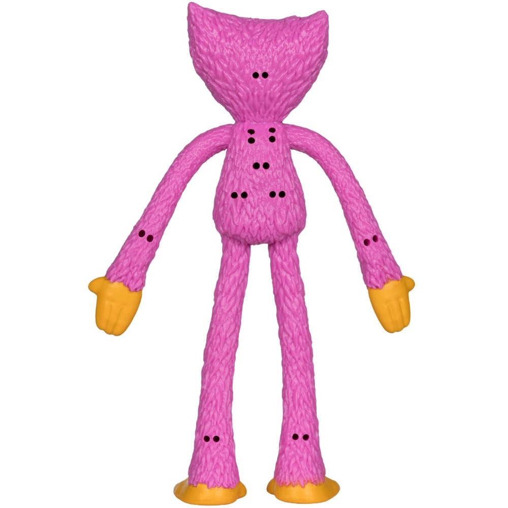 Eine pinke Stoffpuppe mit orangen Händen und Füßen und schwarzen Punkten.