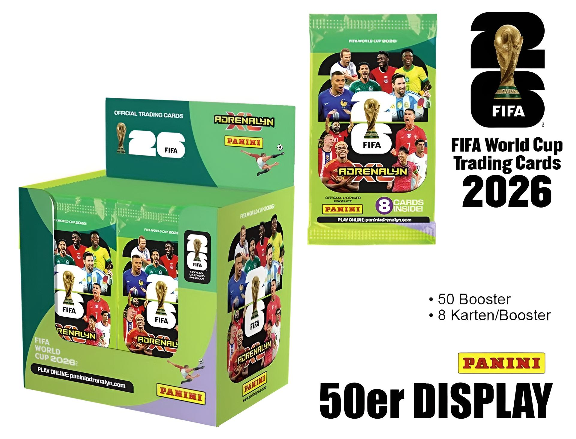 Panini FIFA World Cup 2026 Trading Cards Display mit Boostern und Spielern.
