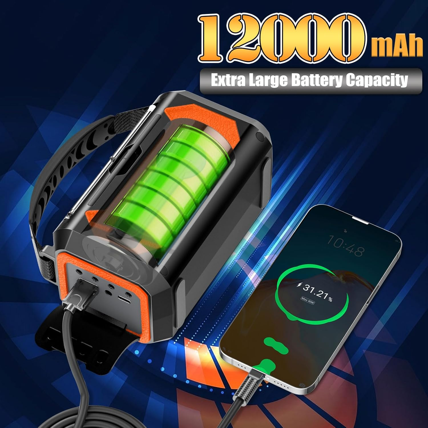 Eine schwarze und orange Powerbank mit sichtbarer grüner Batterie lädt ein Smartphone auf.