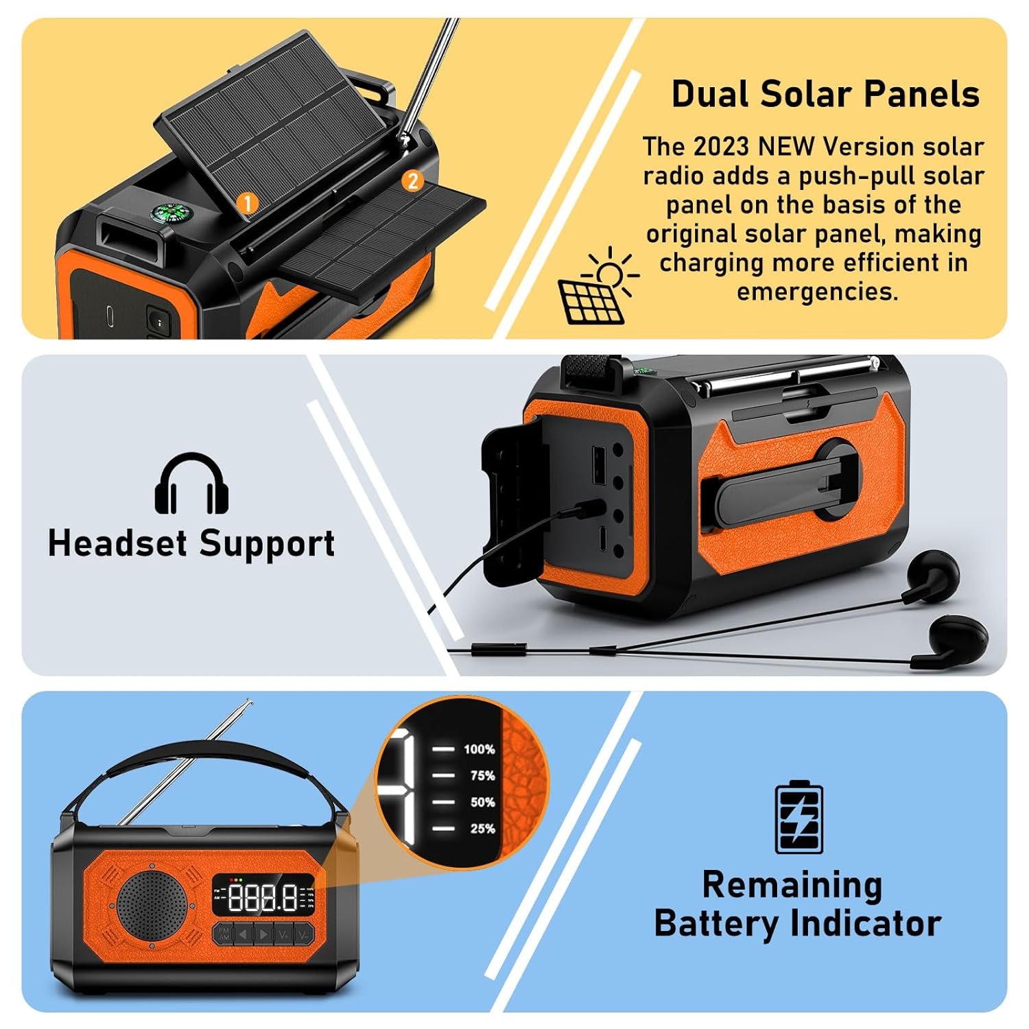 Ein tragbares Radio mit zwei Solarpanels, Headset-Unterstützung und Akkuanzeige.