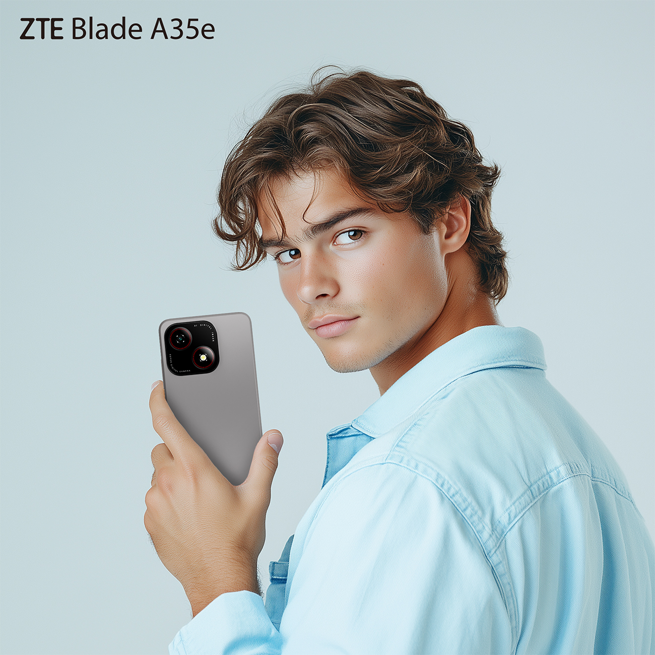 Un uomo tiene un telefono grigio con tre fotocamere su sfondo blu chiaro.