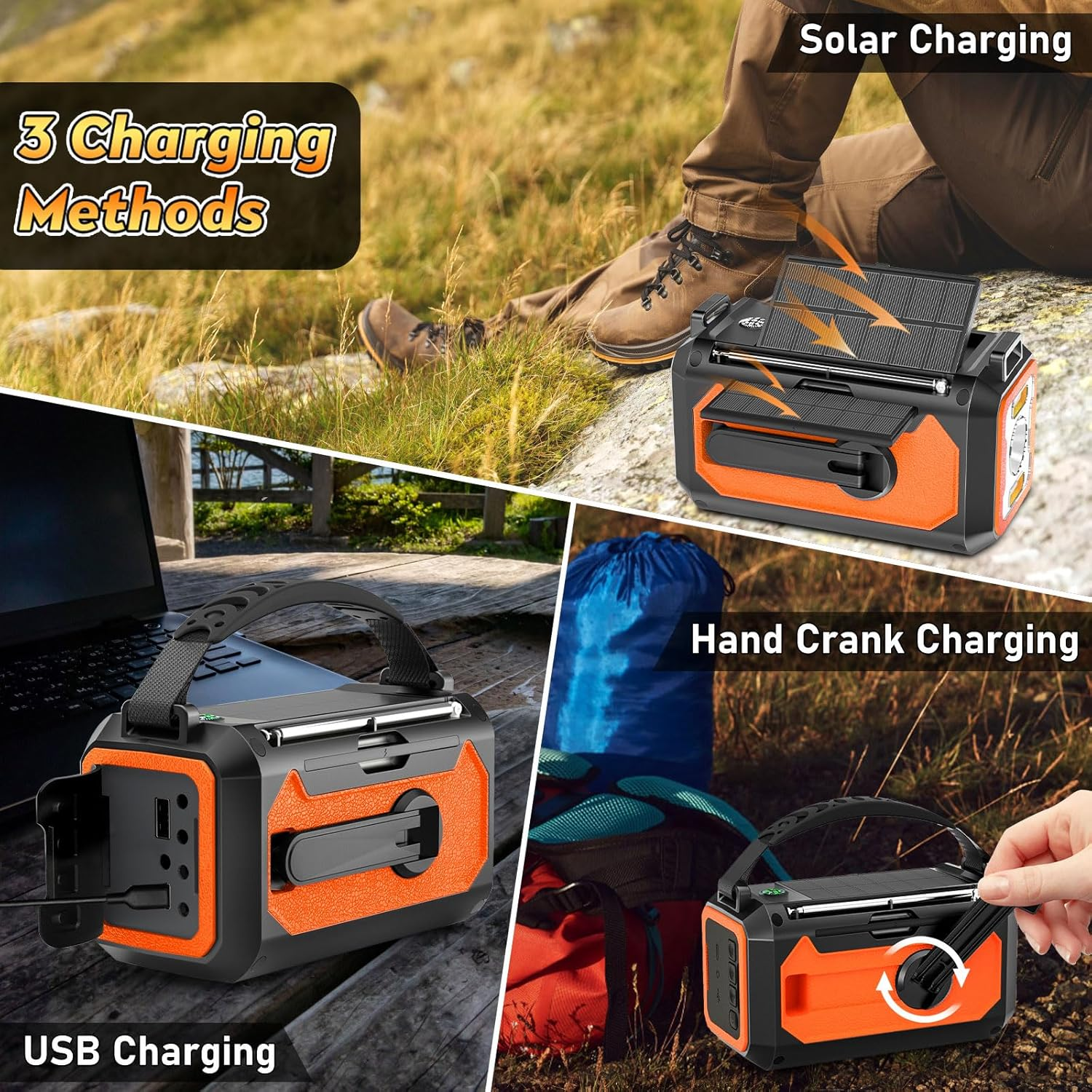 Collage zeigt ein tragbares Radio, das per Solar, USB oder Handkurbel geladen wird.