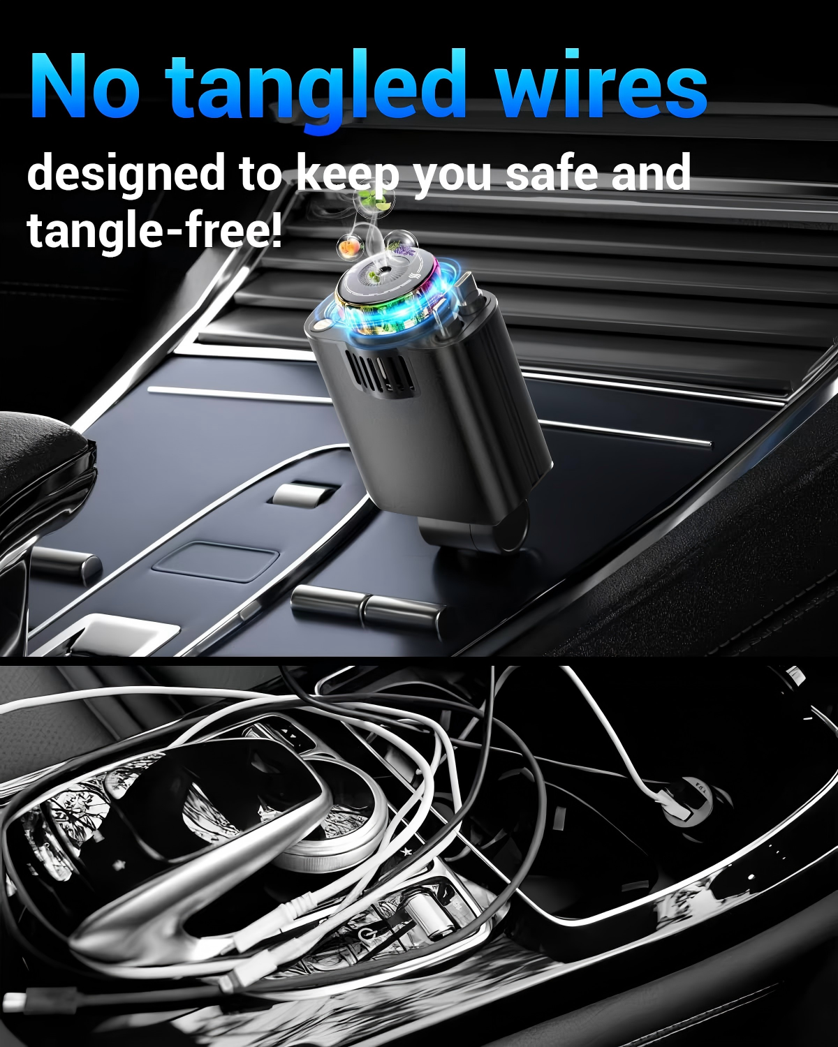 Ein Auto-Lufterfrischer mit Lichtern und Kabelsalat im Auto.