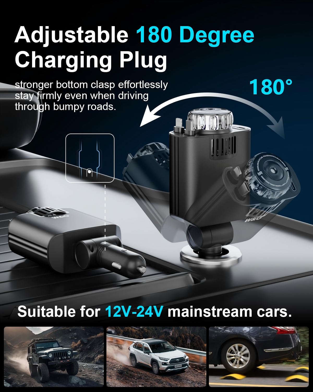 Verstellbarer 180-Grad-Ladeadapter für Autos mit 12-24V.